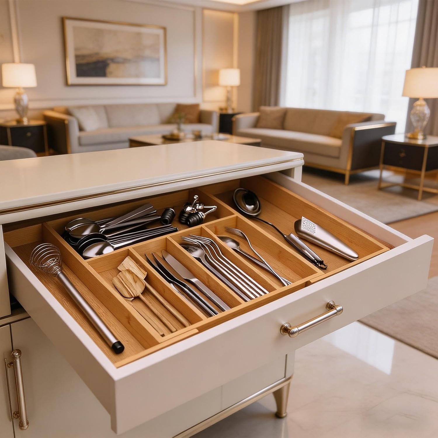 Wooden Drawer Organizer, Expandable Utensil Tray, Multi Compartment Storage Rack, Sturdy Kitchen Bedroom Office Accessory, Suitable for Flatware Cutlery Spoon Fork Knife