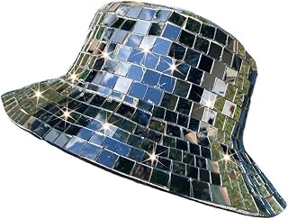 1 Piece Gliter Mirror Disco Bucket Hat, Stunning Disco Ball Hats for DJ, Gliter Party Hat with Cool Sequins Sun Vissor Mirror Glass Disco Ball Hats for Outdoor Men and Women