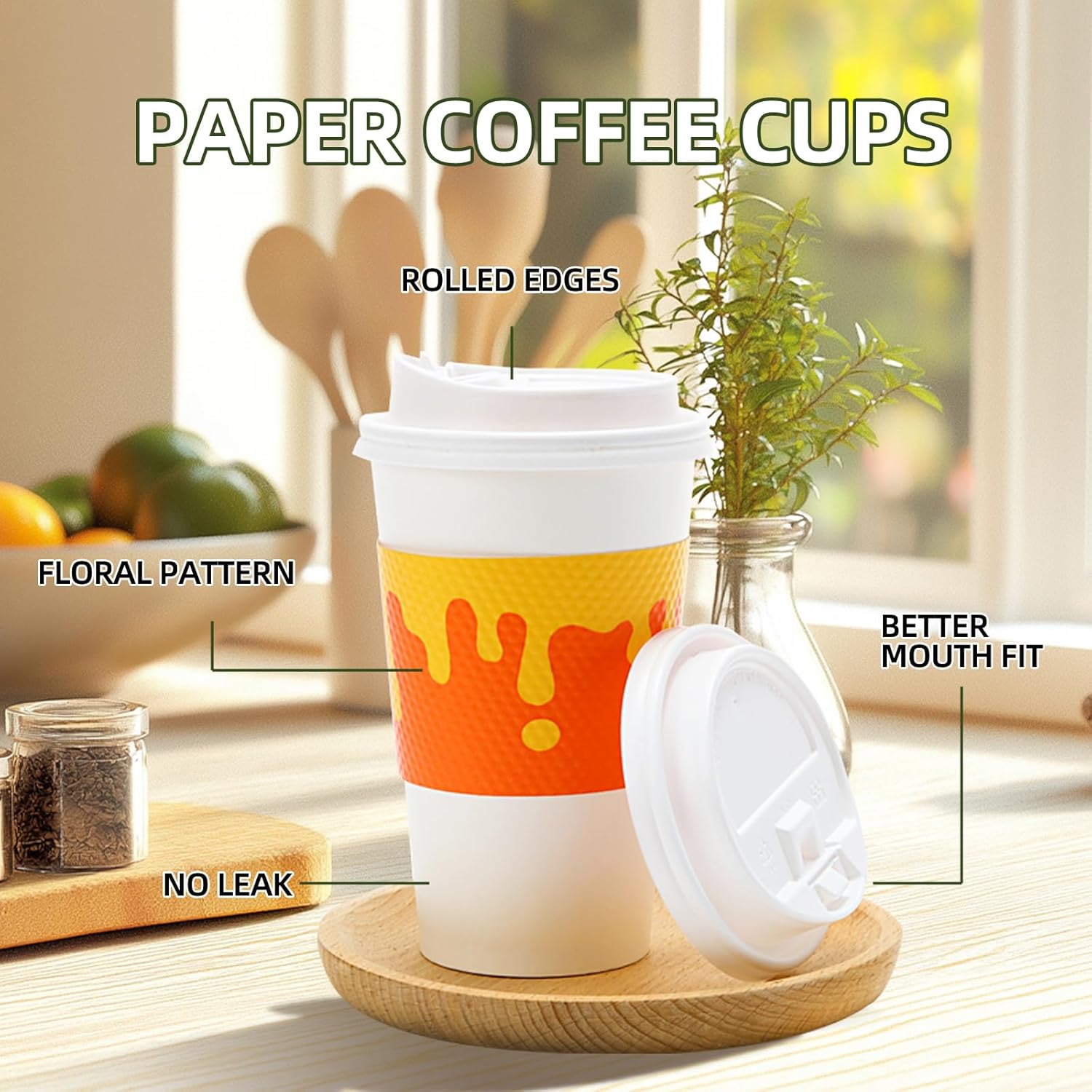 Tamone 100 PACK 12OZ Disposable Coffee Cups with Lids and Sleeves, 12OZ Paper Cups 5 Color To Go Coffee Cups with Lids Leak Proof, White Paper Cups for Cold/Hot Beverage Chocolate Cocoa for Home - Image 5