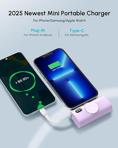 Miniatura 2 de Mini banco de energía morado con cable USB C para Samsung, 3.53 oz 5000 mAh, pequeño cargador portátil para iPhone 14 Plus/14/14 Pro Max, batería