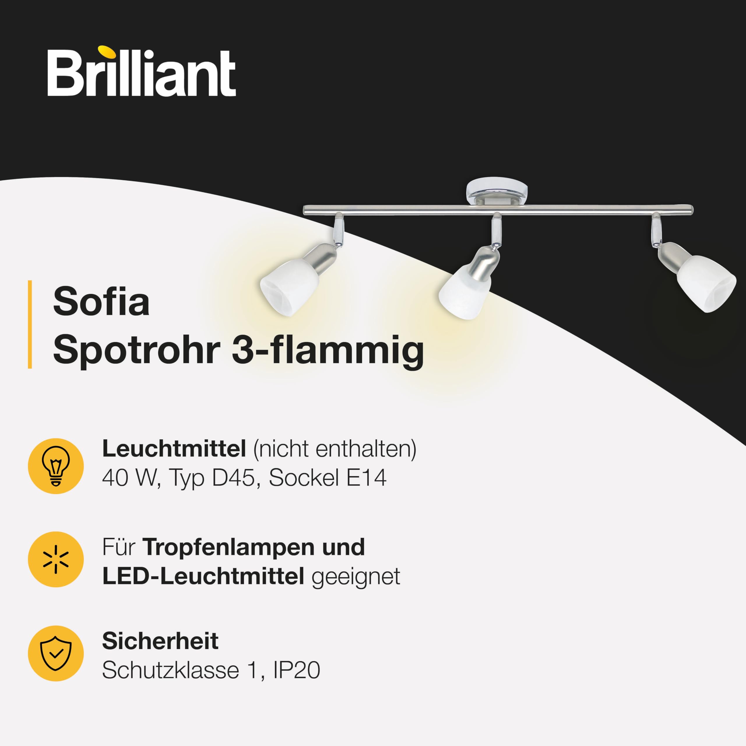 Brilliant Sofia Spotrohr, 3-punktowa, 3 x E14 maks. 40 W, metal/szkło, żelazo/chrom 55316/77