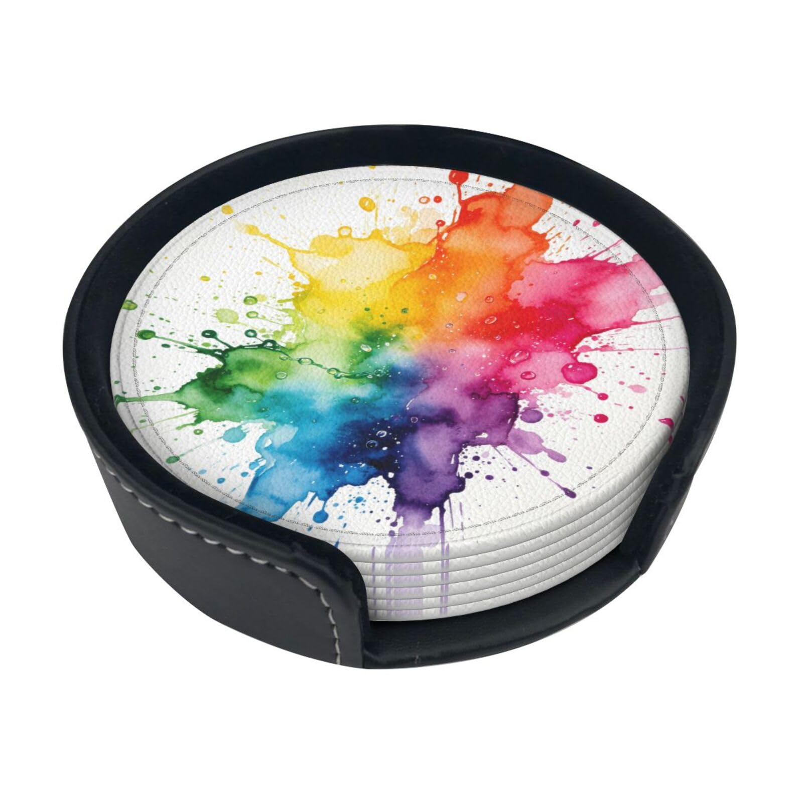 Color Splash Drops Leather Coasters-Set of 6 with Storage Holder