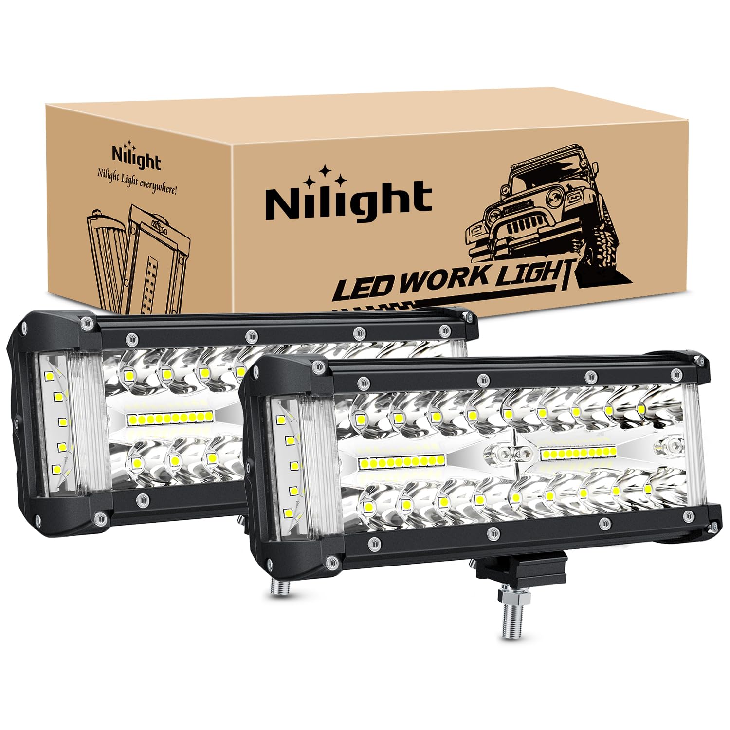 Nilight 2 PCS 7 Inch Side Shooter Light Bar Spot Flood Combo Triple Row