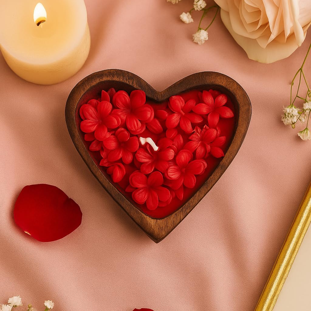 Writtini Mini Heart-Shaped Floral Scented Candle in Wooden Container | 12 Hour Clean Burn, Tea Rose Fragrance Soy Wax Candle | Decorative Candle for Romantic Gift, Anniversary, Wedding, Home- 100g 1