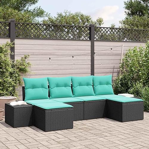 6-Seater Modular Patio Furniture Set in Black Poly Rattan with Outdoor Cushions Adjustable Feet Modern Outdoor Seating for Garden Deck Backyard