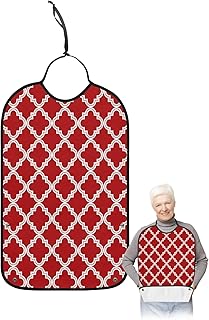 BOBOWUNY Quatrefoil Moroccan Pattern Adult Bibs for Elder Women Men Eating, Geometric Red Backdrop Waterproof & Washable Bibs for Eating Clothing Protector Dining Bibs for Crumb Catcher