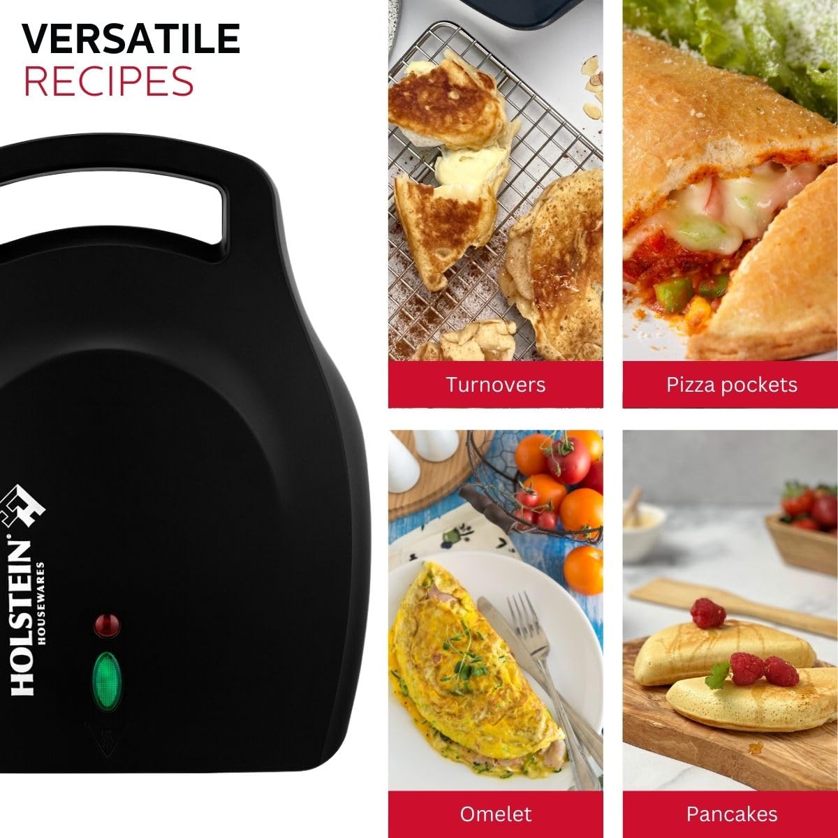 Holstein Housewares Stainless Steel 4 Section Omelet Maker, Non Stick Coating, Mess Free Cooking, Easy Cleaning, Indicator Lights, Upright Storage & Anti Slip Feet For Quick Meals. 4 Portions, Black