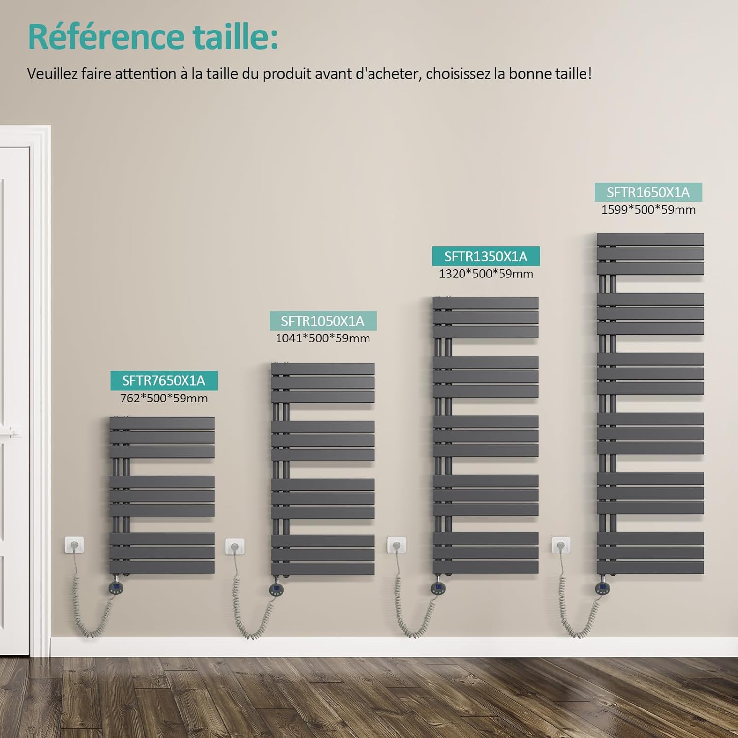 Image showing different sizes of EMKE towel warmers with their model numbers and dimensions.