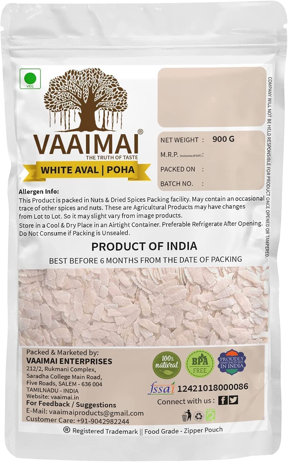 CROV VAAIMAI Poha/Vella Aval/Arroz Aplanado/Atukulu, 900 g