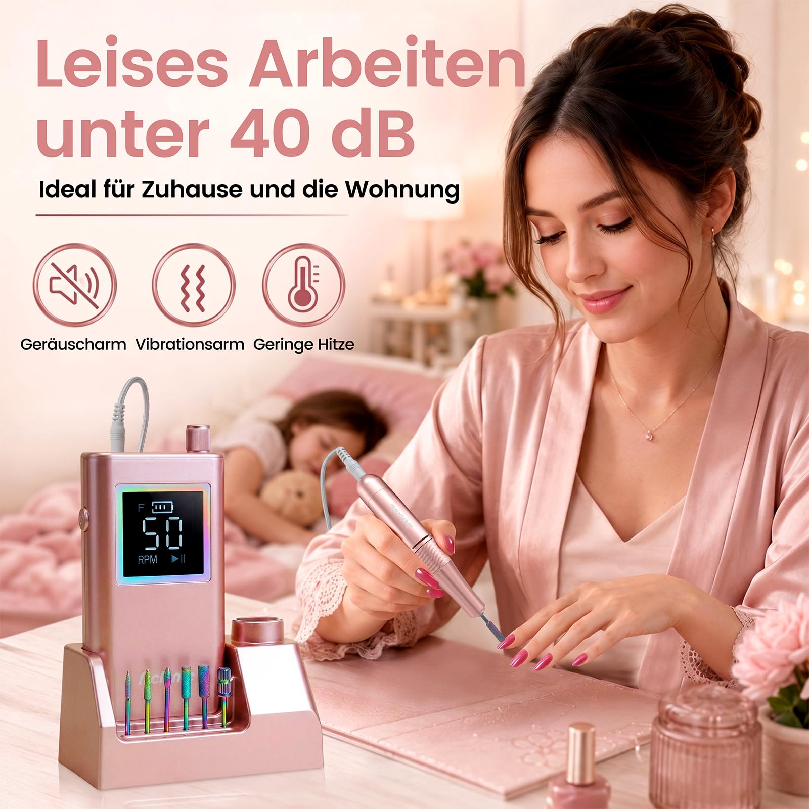 Delanie elektrischer Nagelfräser professionell 50000 U/Min mit Ladestaion, Maniküre Fräser für Nägel & Acrylnägel, tragbarer Nagel Fräser für Gelnägel für Anfänger Zuhause & Salon Profis +12 Nagelbits
