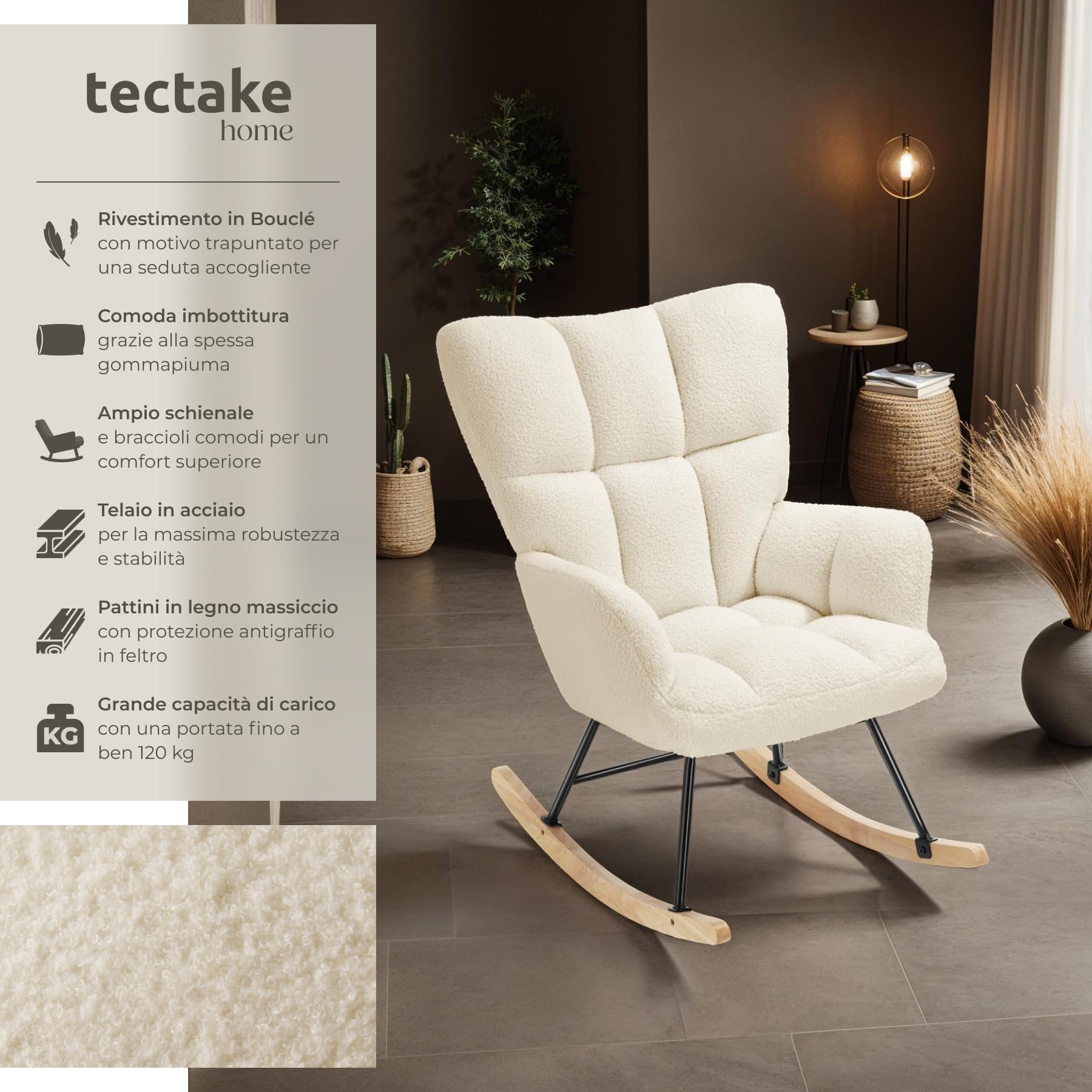 tectake® Sedia A Dondolo, Imbottitura in Gommapiuma, Motivo Trapuntato, Schienale Alto, Braccioli Larghi, Telaio in Acciaio, Pattini In Legno Massiccio, Design Moderno - Beige