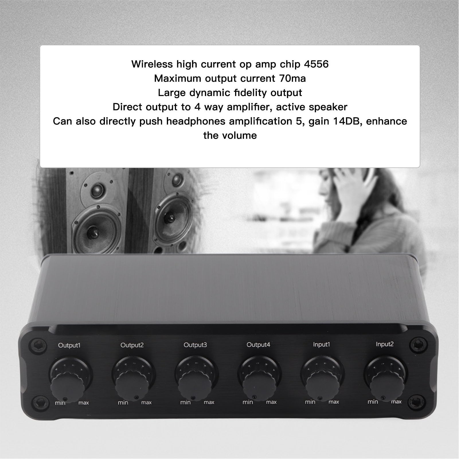 Selektor Głośników Stereo 2 na 4 Wyjścia z regulacją Głośności, Przełącznik Audio RCA, Zbalansowany Konwerter Audio, Skrzynka Rozdzielcza Selektora Audio dla (wtyczka UE)