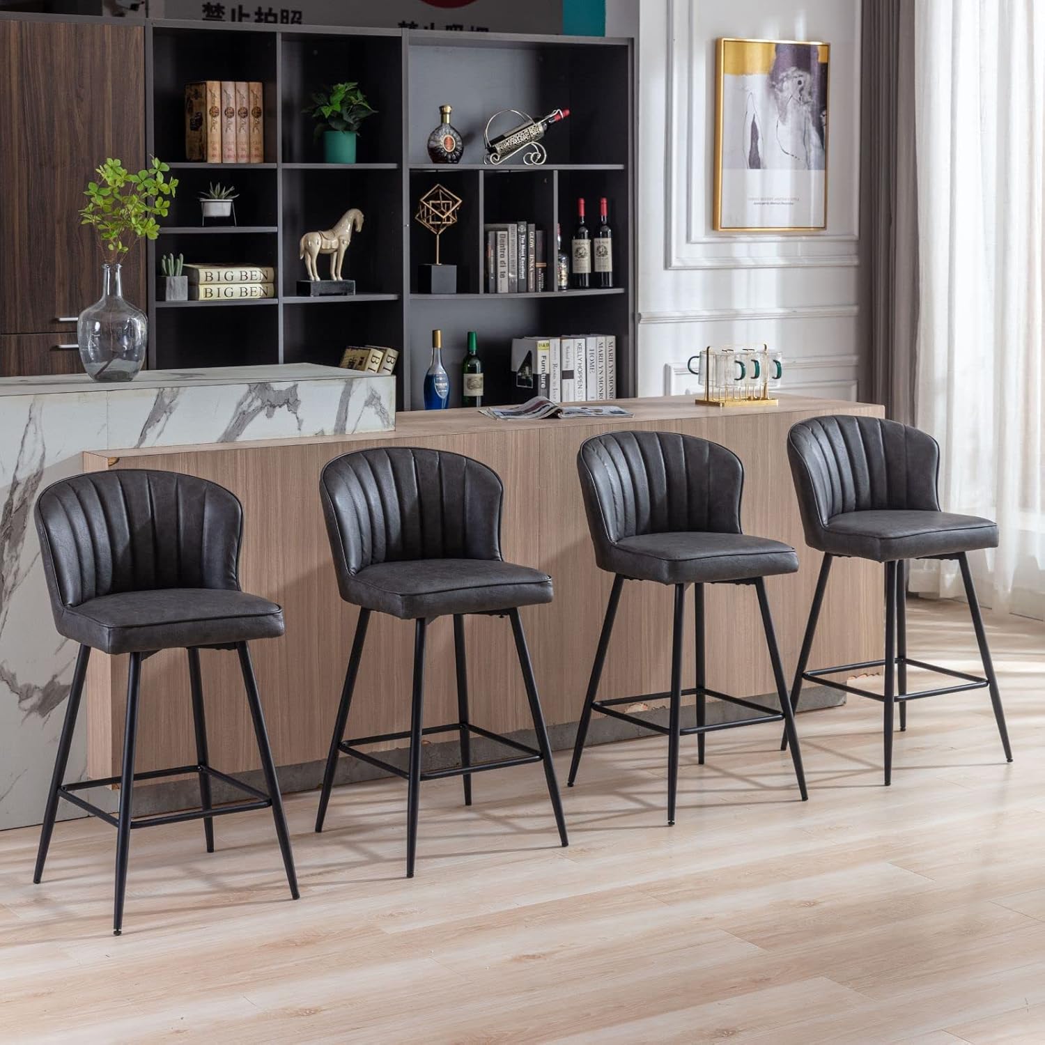 CIMOO Leather Counter Stools Set of 4 Mid Century Modern