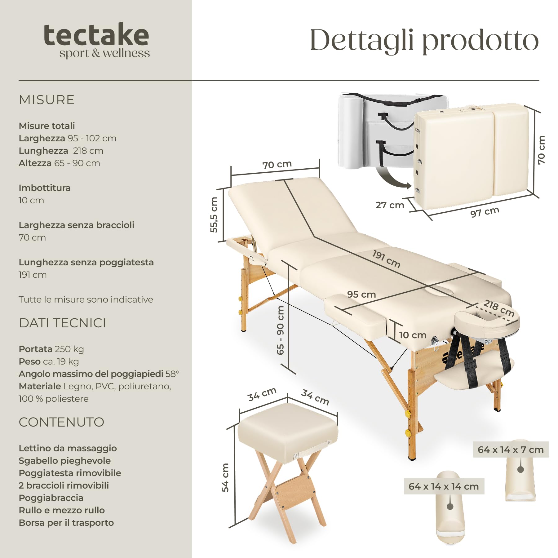 tectake® Lettino Massaggio portatile, Morbida Imbottitura, Poggiatesta, letto pieghevole, Legno, lettino estetista, fisioterapia, Lettino Tattoo - Beige
