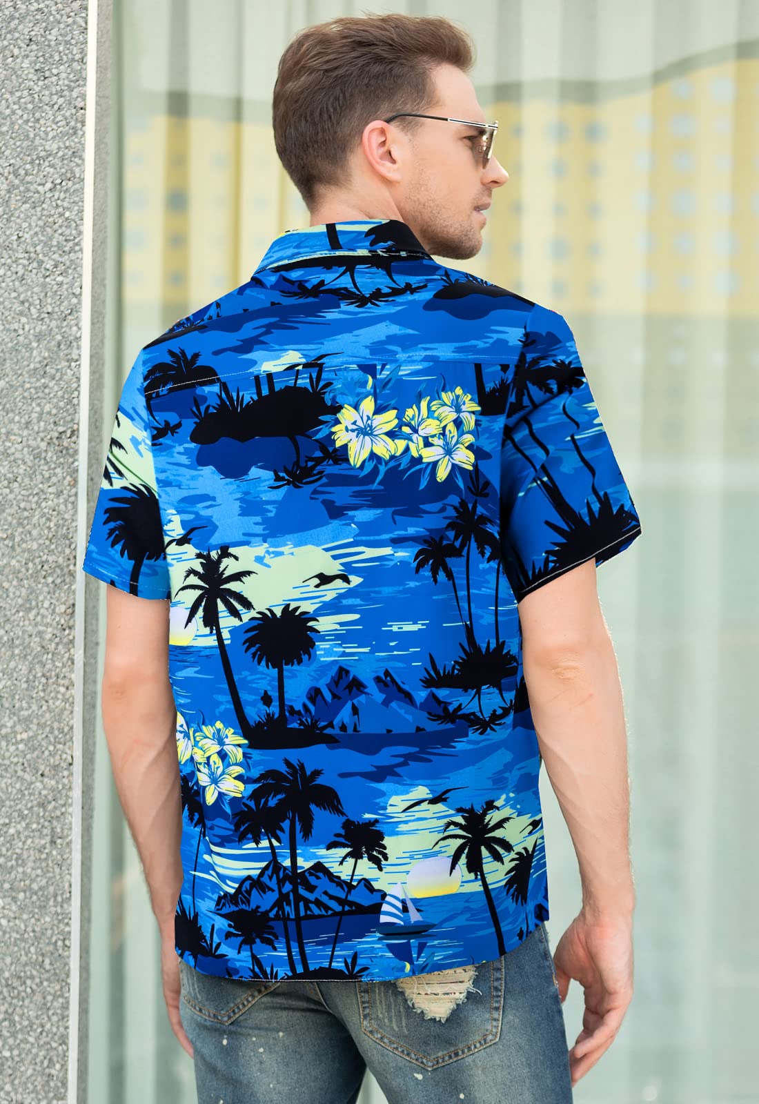 Cromoncent Camicia hawaiana per ragazzo e uomo, a maniche corte, colletto cubano, tropicale, estate, spiaggia, Blu reale hawaiano, XL