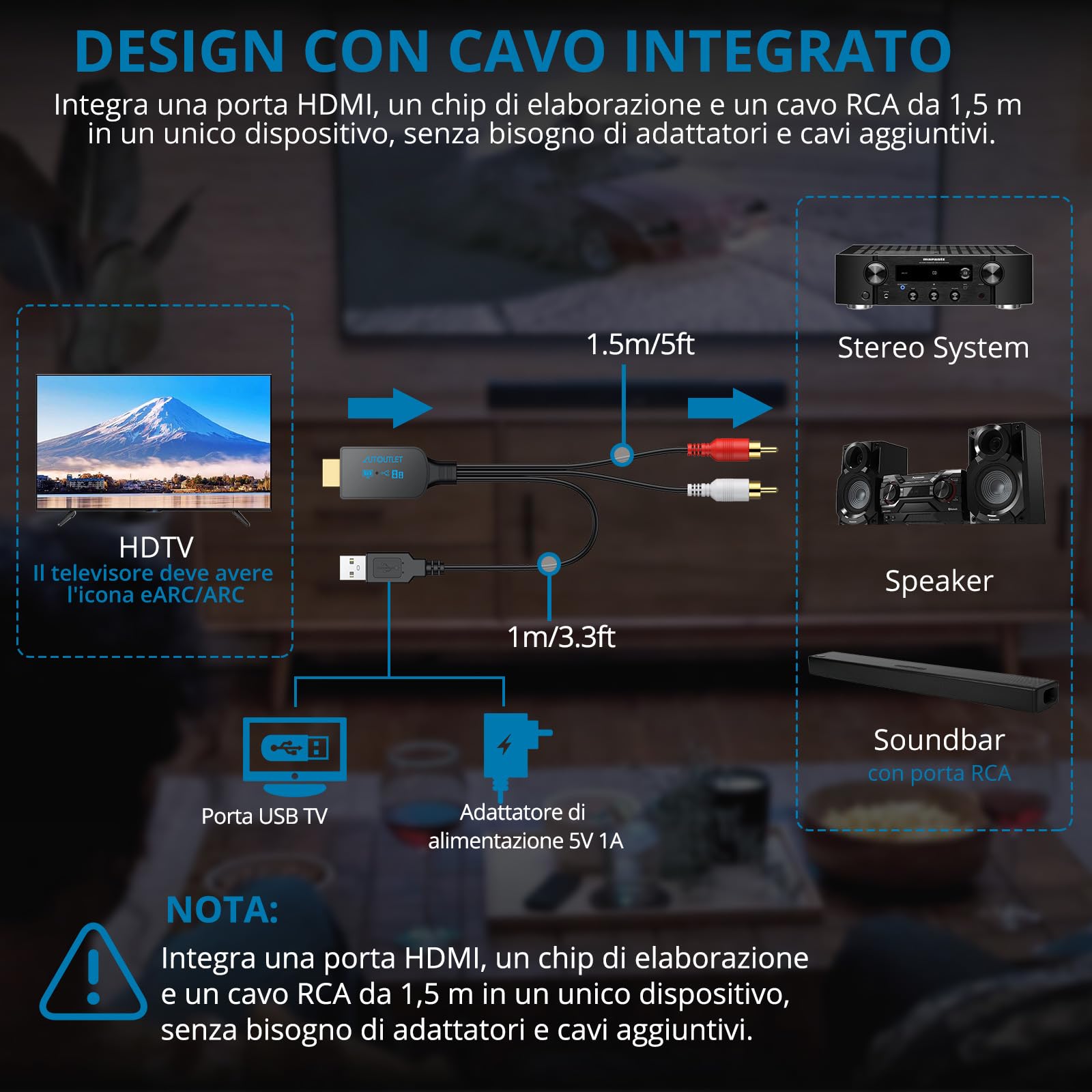 AUTOUTLET Convertitore Audio HDMI eARC/ARC a RCA 192KHz/24bit Supporta CEC PCM 2.0 Cavo 150 cm