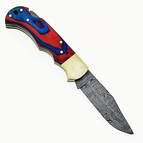 Miniatura 3 de Cuchillo plegable de acero de Damasco hecho a mano personalizado/cuchillo de bolsillo SS-17482 (madera de color rojo y azul) (negro)