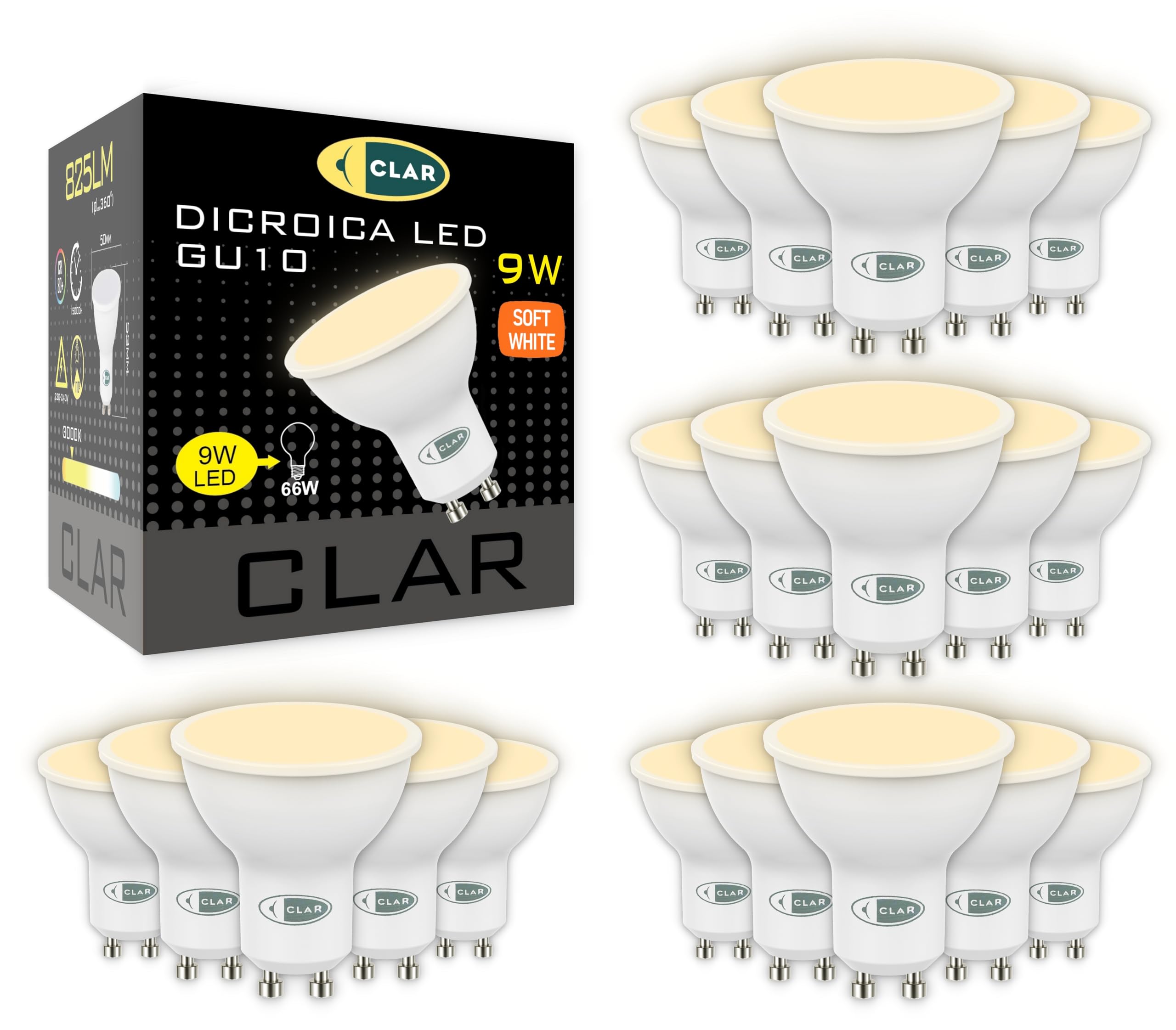 CLAR - GU10 Warm White LED Bulb, GU10 LED Spot Light, Warm White, 9W (Pack of 20), Warm White (3000ºk), 9W GU10 (Pack 20)