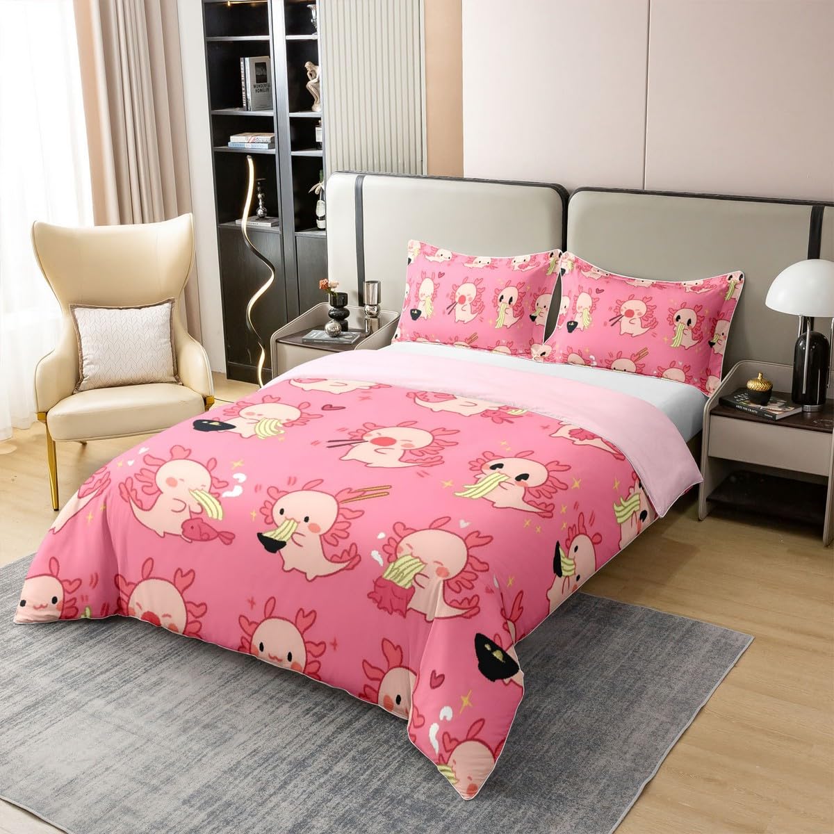 Loussiesd Lustige Axolotl 100% Baumwolle Bettwäsche Set 200x200cm Nette Axolotl Fisch Geschenke für Kinder Jungen Mädchen Bettbezug Ultra weiche Axolotl gezogen Nudeln Muster Betten Bettwäsche-Set