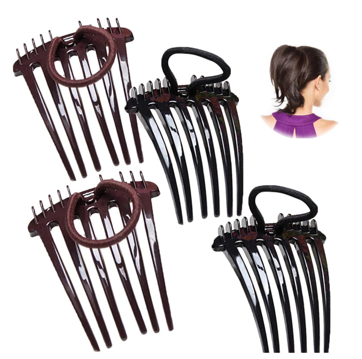 Bandette Comb-Bandette Comb With Elastic Band, Ponytail Holder Hair Comb, Hair Side Comb Wide Teeth Hair Side Pin Vintage, Hair Side Clip with Ponytail Holder,Fluffy Hair Comb Hair Styling(MIxed-4pcs)