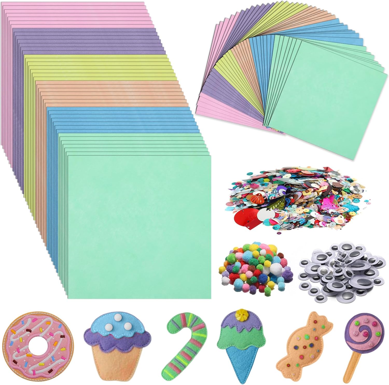 gisgfim 42Pcs Pastel Felt Fabric Sheets 12 x 12 Inch Pink Blue Purple Assorted Soft Thick Felt Pack with Wiggle Eyes Pom Poms Glitter Patchwork Craft Supply for DIY Sewing Creative Decor Pastel