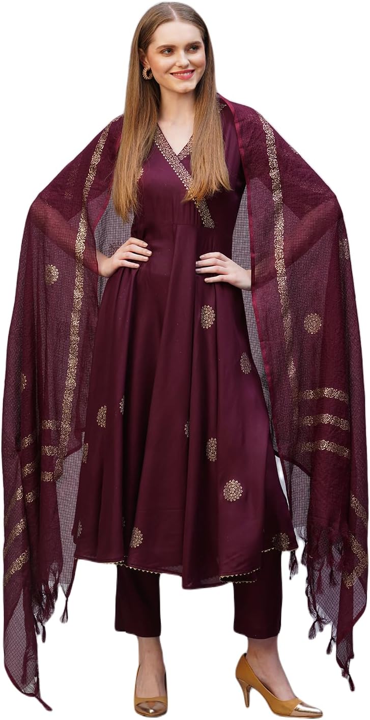 Women's Rayon Blend Printed Anarkali Kurta with Pant & Dupatta