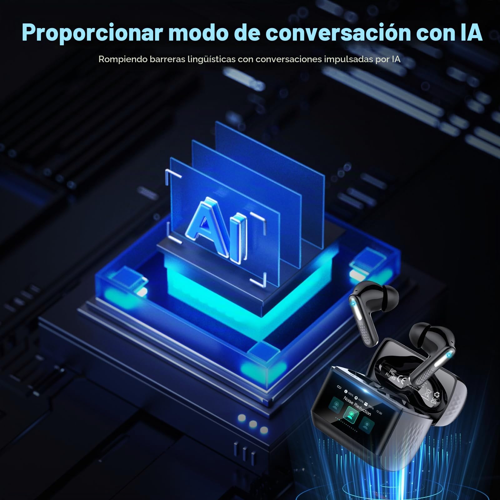 AI Auriculares Traductor en Tiempo Real con Pantalla Táctil LED, 3 en 1 Auriculares Traductores de Idiomas, 6 Modos Traducción con 164 Idiomas, Reducción de Ruido ANC+ENC, 5 Modos EQ, 48H, Negro