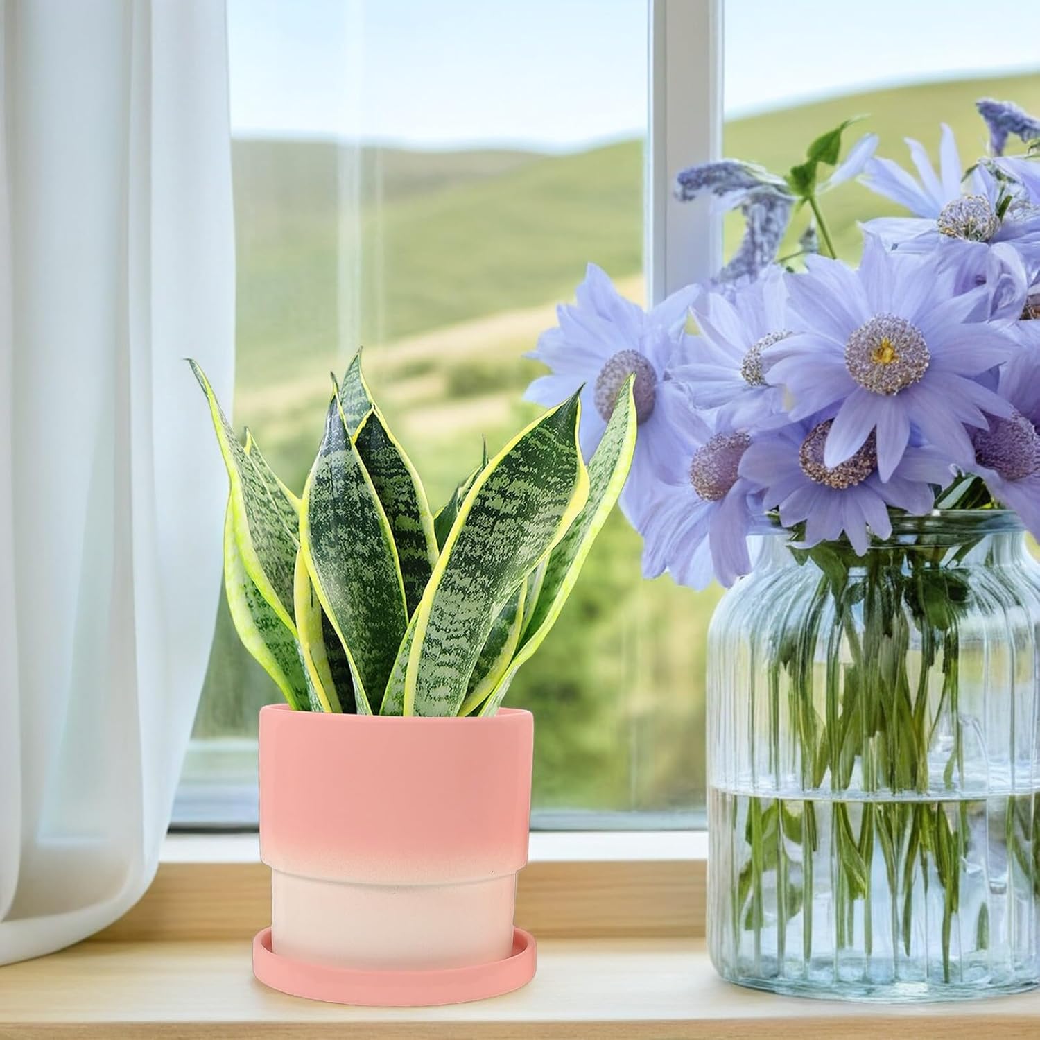 2pcs Ceramic Succulent Planter Pots with Drainage Holes and Saucer, Small Gradient Pink Clay Flower Pots for Indoor Balcony Gardening and Succulent Plants