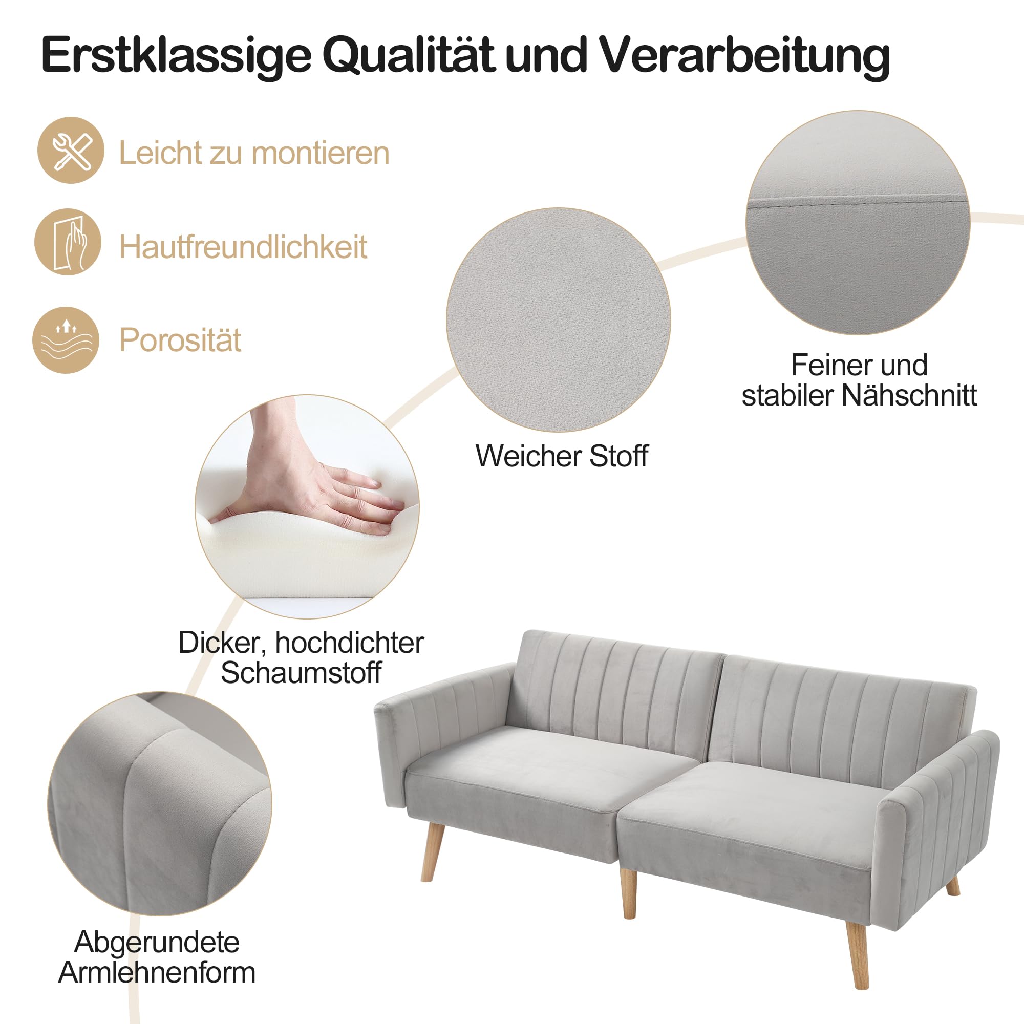 Divano Letto 2 Posti In Velluto Grigio - Schienale Regolabile, Gambe Legno, Per Appartamenti - Foto 8