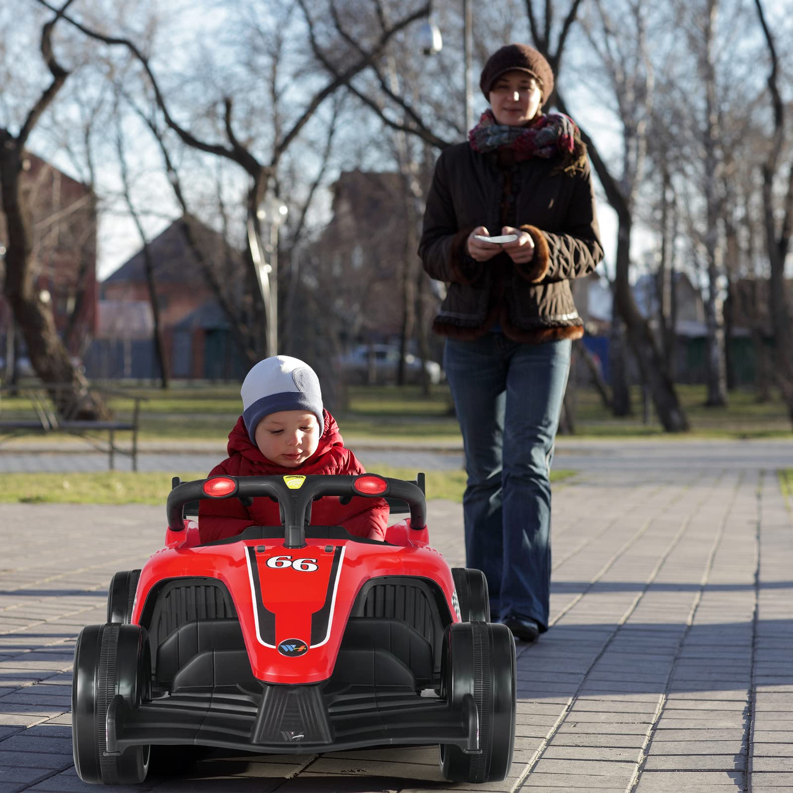 GOPLUS Kart électrique 12V – Siège/volant Réglables, LED, Pliable, 3 Km/h, 2-5 Ans