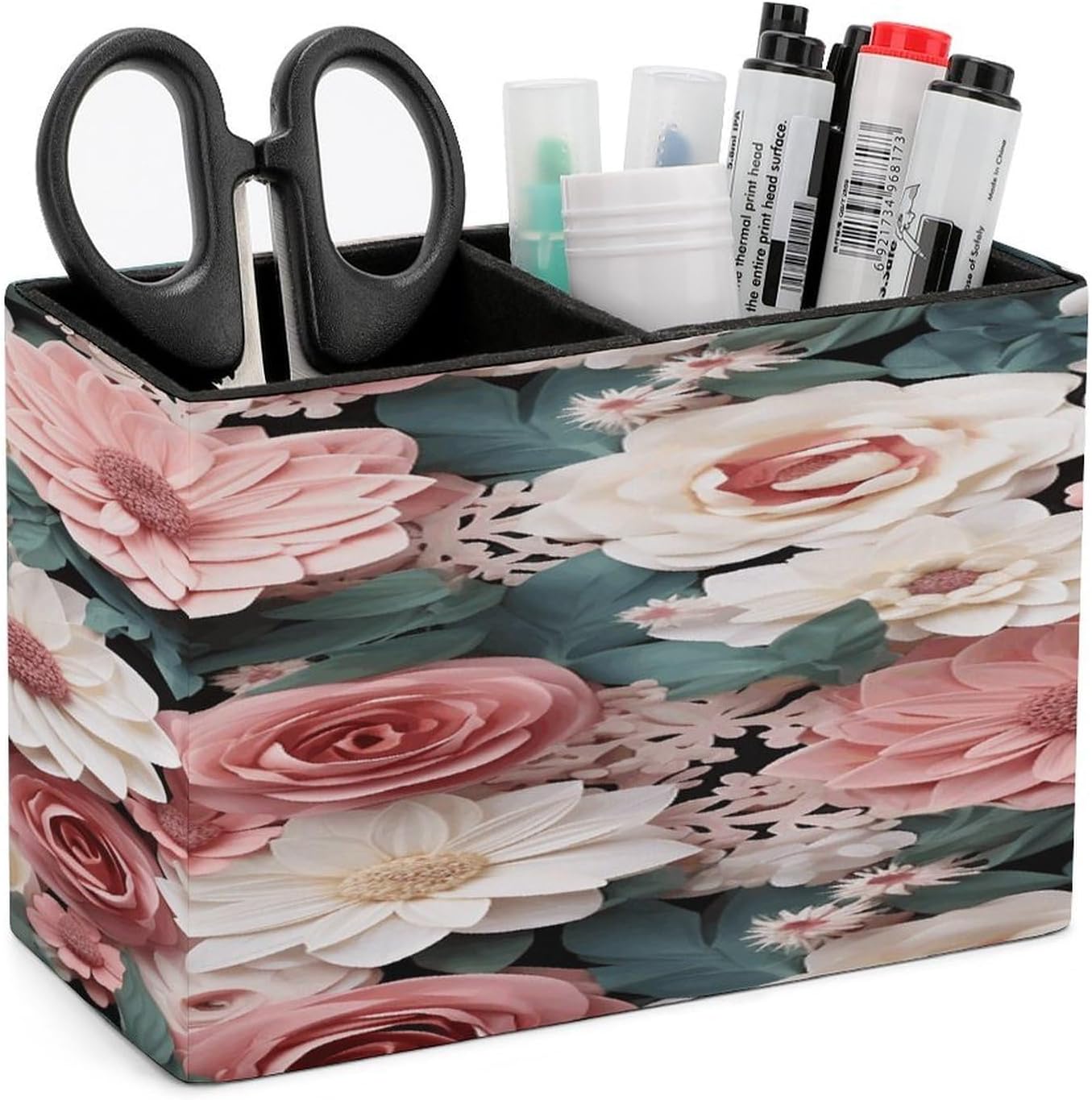 Flowers with Pink And Green Leaves Pen Holder Double Compartments Pen Cup Fashion Makeup Brush Holders Leather Pencil Holder for Work Locker Accessories Modern Pencil Cup for Desk Organizer