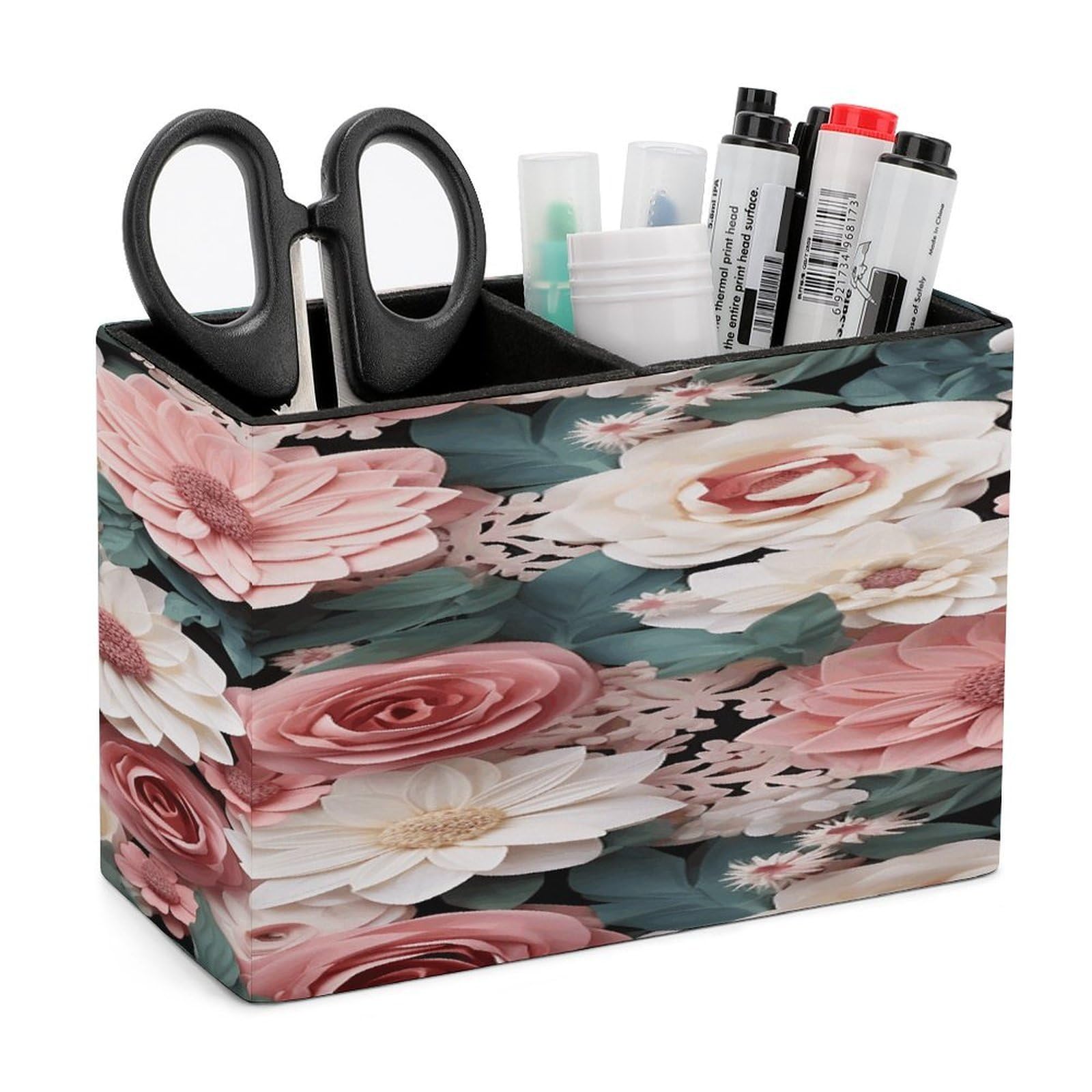 VstaDank Flowers with Pink And Green Leaves Pen Holder Double Compartments Pen Cup Fashion Makeup Brush Holders Leather Pencil Holder for Work Locker Accessories Modern Pencil Cup for Desk Organizer