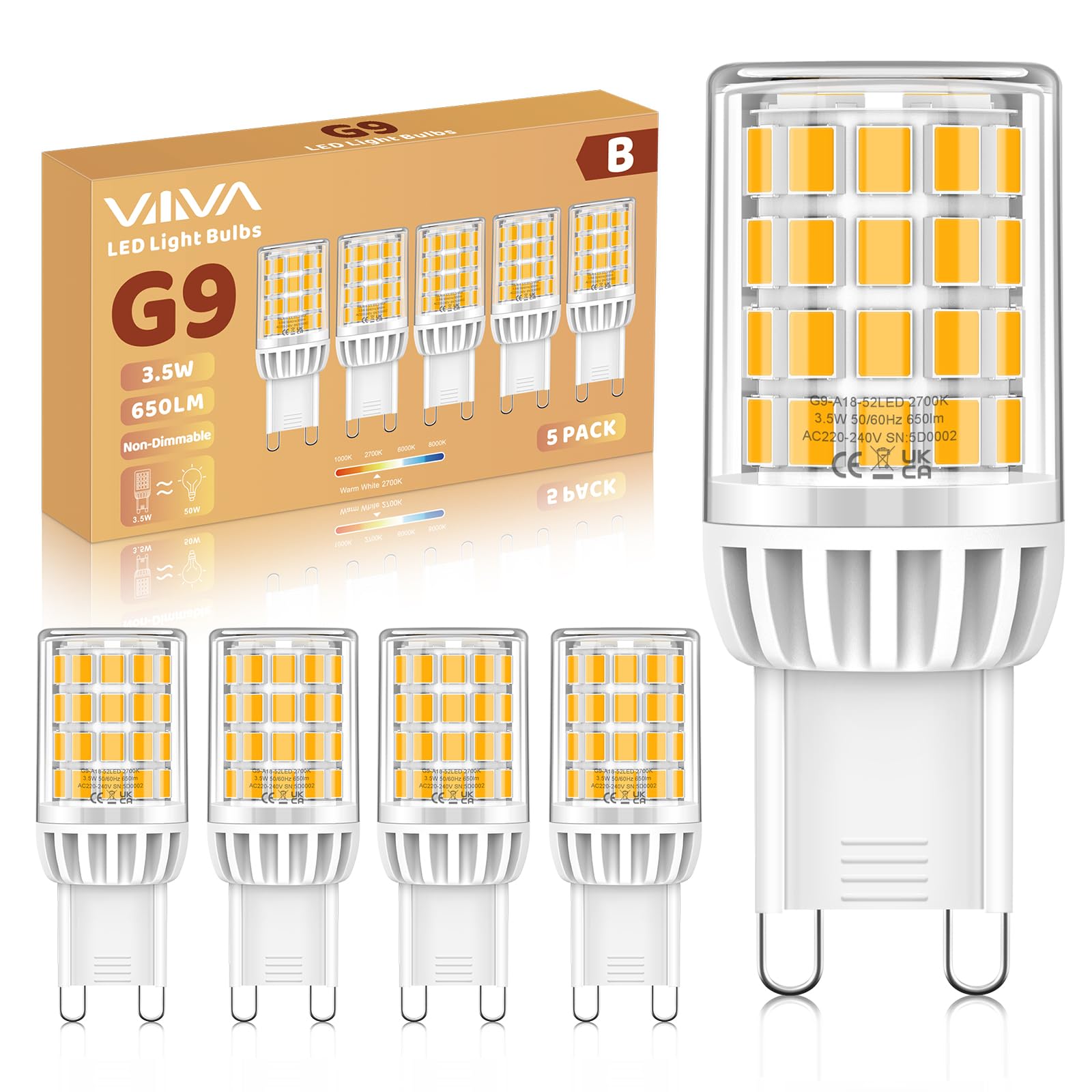 G9 LED Lampen Warmweiß 2700K, 3.5W, 650LM Energieeffizienz der Klasse B, Ersatz für 50W Halogenlampe, G9 LED Leuchtmittel, Nicht Dimmbar, 360° Strahl, AC 220-240V, Energiesparende Glühbirne-5 Stück