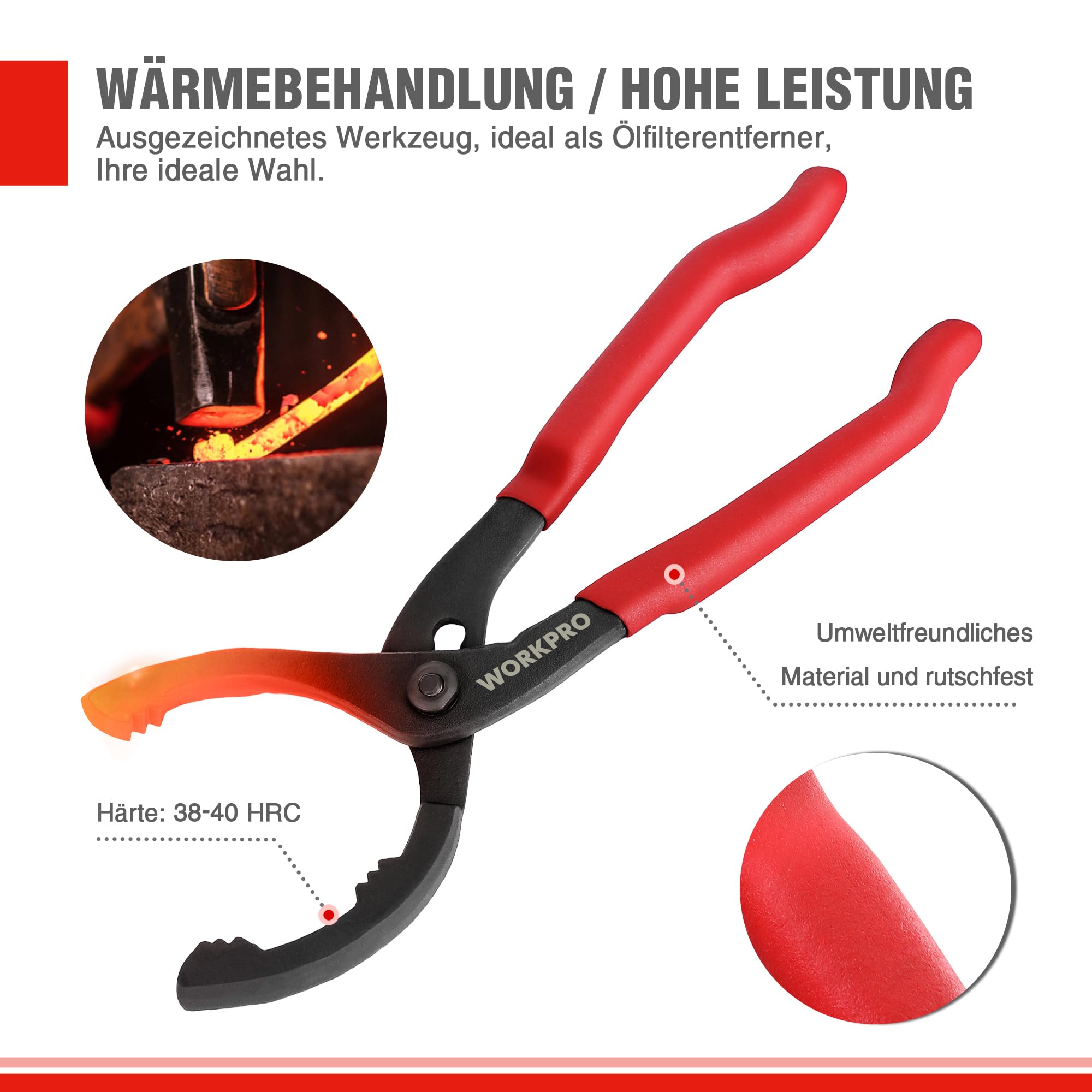 WORKPRO Ölfilterzange 30cm, Verstellbarer Ölfilterschlüssel für Metall-Ölfilter, Rutschfester Griff, Ölfilter-Entfernungswerkzeug für Autos, LKWs, Motorräder (Ø 60mm - 102mm)