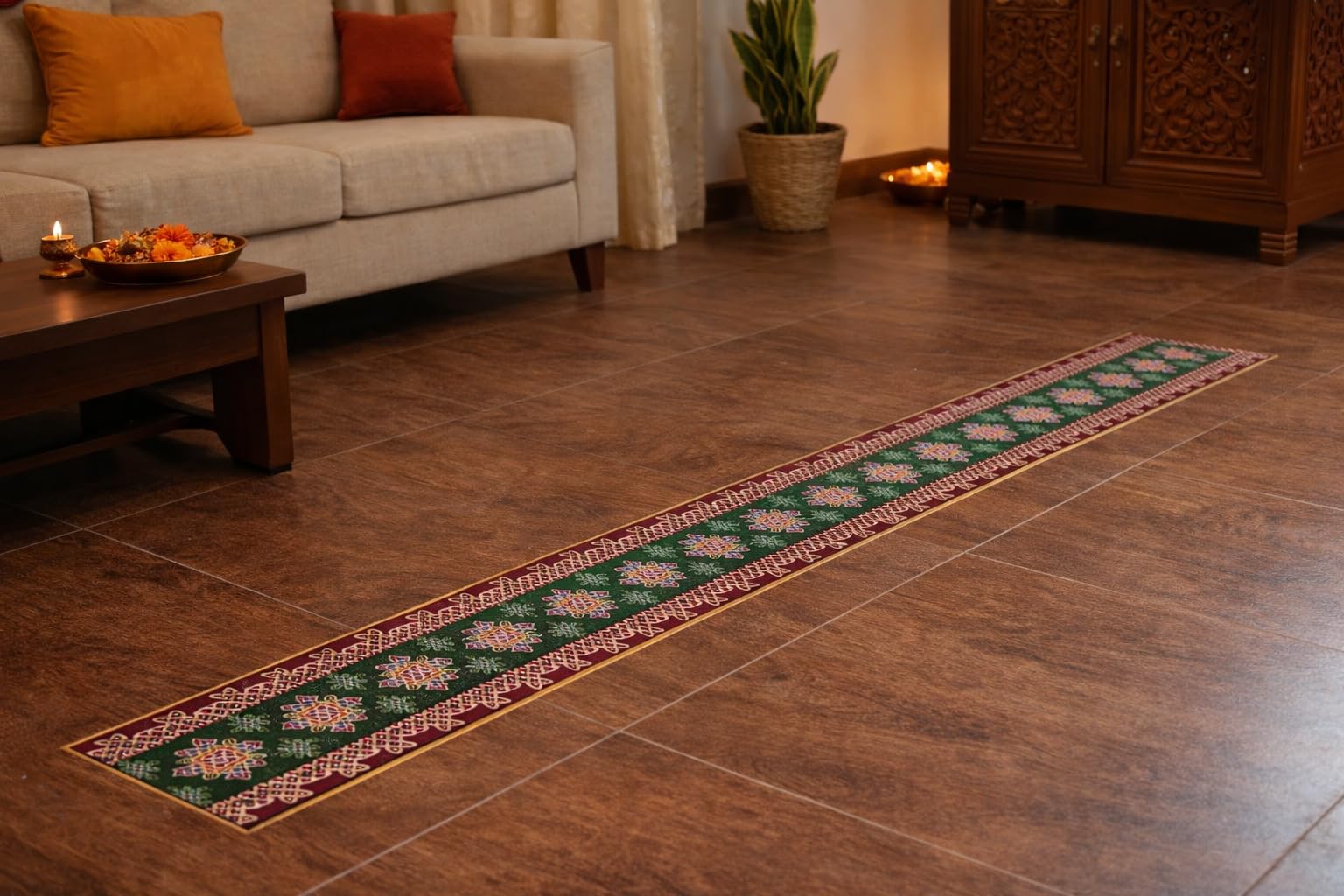 Mafas Rangoli Border Sticker for Floor Decoration Entrance Peel & Stick Traditional Kolam Design Diwali Pooja Room Decor Waterproof PVC Vinyl Reusable Rangoli Floor Sticker 4 x 30Inch Pack of 5-image-27