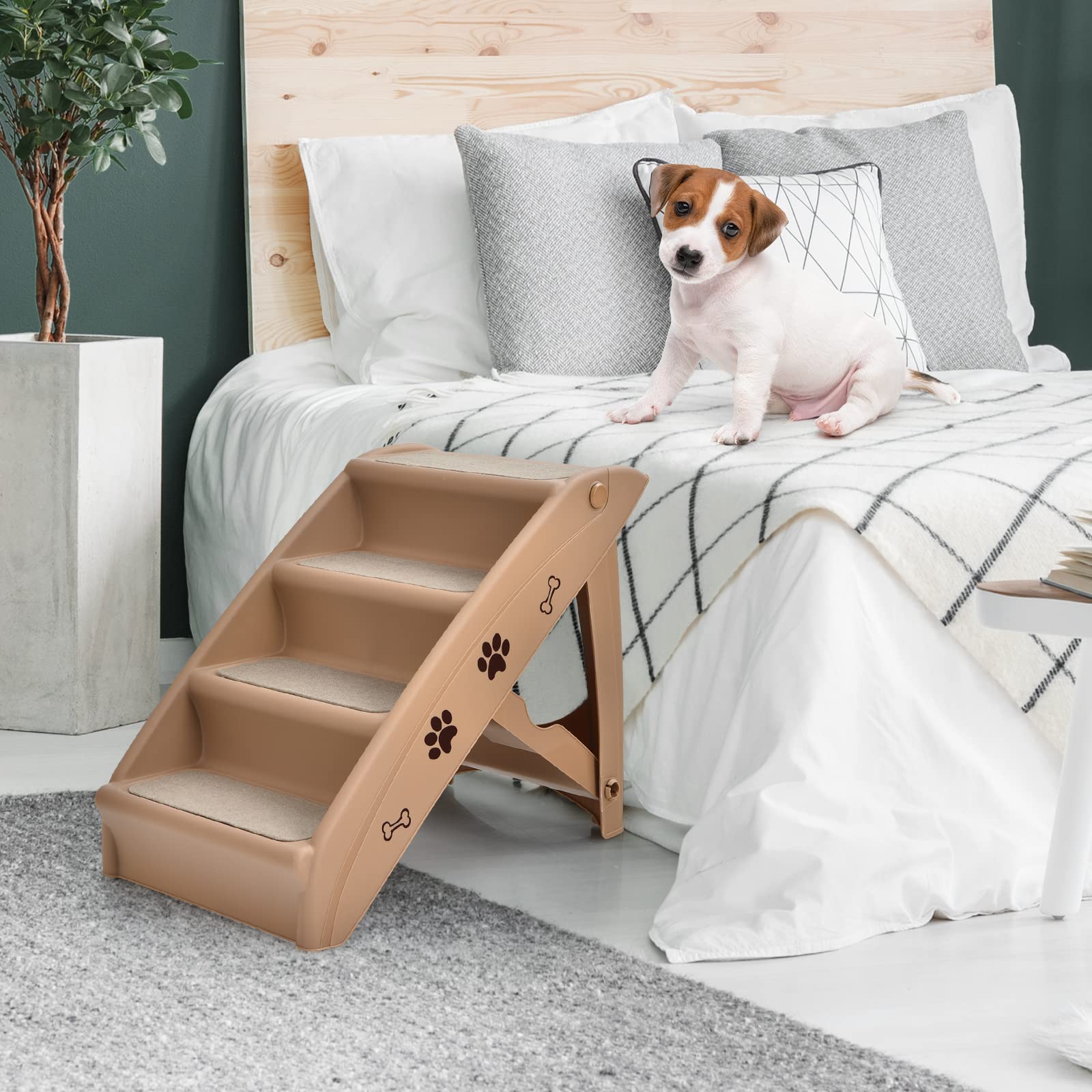 COSTWAY Escalier pour Chien Pliant à 4 Marches en Plastique Charge 60KG 64 x 39 x 49 cm Feutre Doux Structure Triangulaire Echelles pour Chiens et Chats (Café)