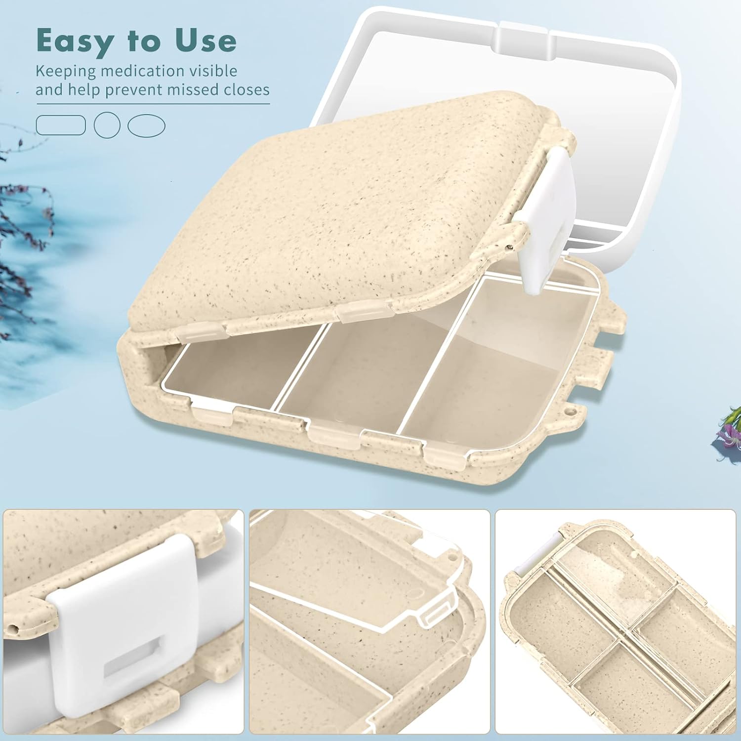 Skycase Pill Organizer, [2 Pack] Pill Cases, [Folding Design] Weekly Pill Case Organizer 7 Day, 8 Compartments Portable Travel Pill Box for Pocket Purse Medicine Vitamin Holder Container，White