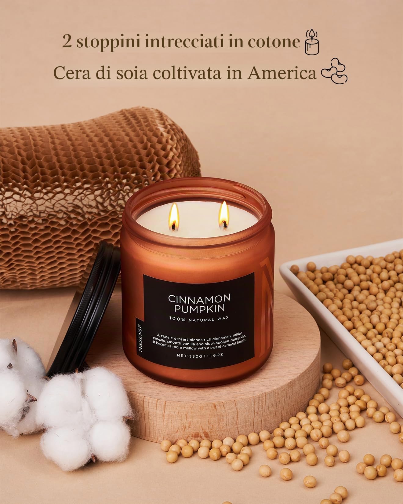 Candela profumata alla cannella e alla zucca, candele naturali in cera di soia per la casa, candela a 2 stoppini, 70 ore di combustione, Bougie parfumée à la citrouille de cannelle 2 bougies Wick