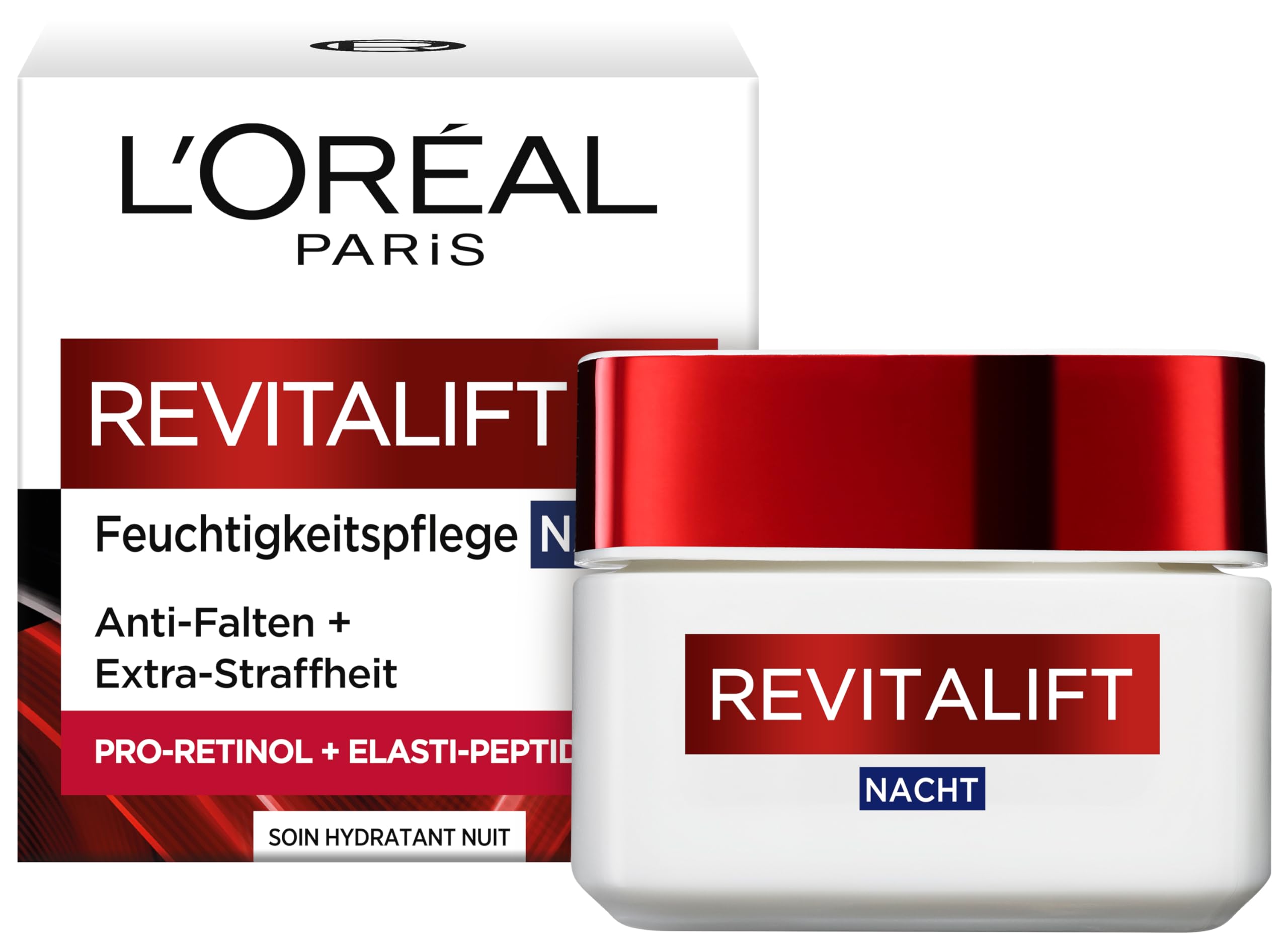L'Oréal Paris Feuchtigkeitspflege Nacht für Frauen: sorgt für ein strafferes Hautbild & mildert Falten & stärkt die Hautschutzbarriere über Nacht mit Pro-Elastin & Aprikosenkernöl, Revitalift, 1x 50ml