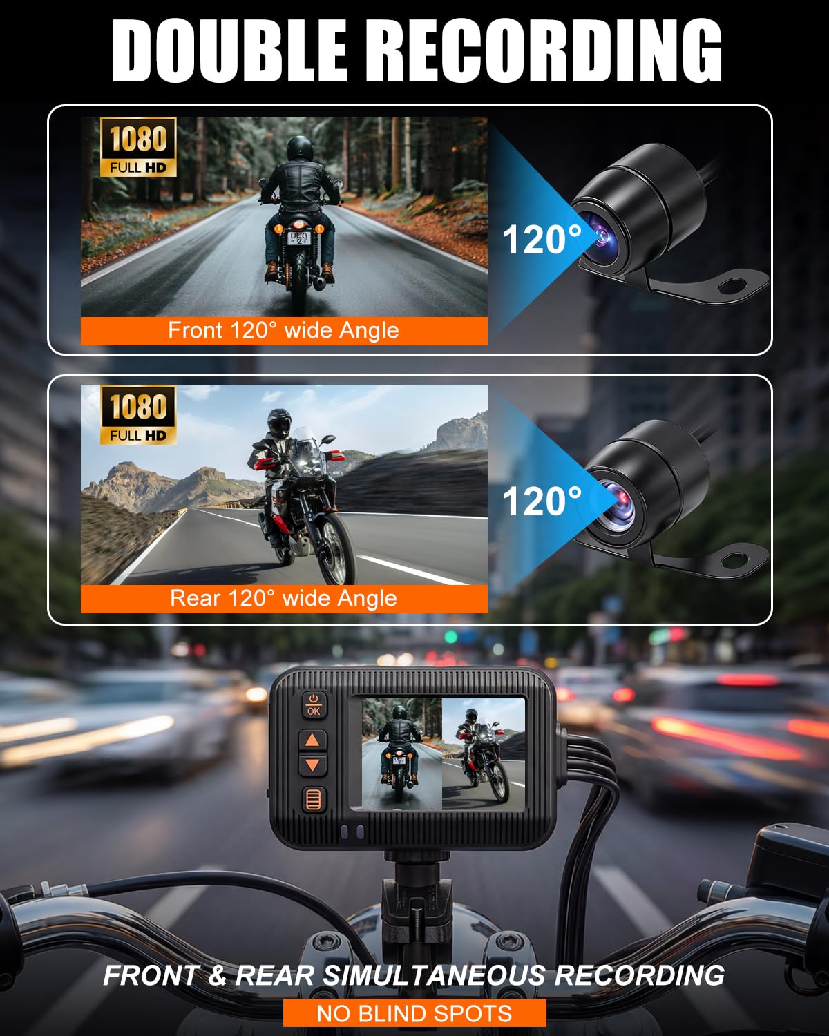 NHOPEEW Kamera pokładowa do motocykla 1080p z podwójną kamerą