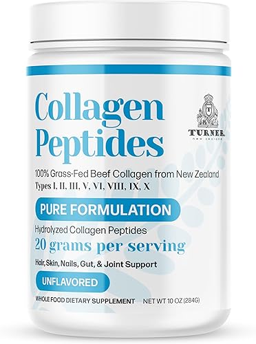 TURNER Péptidos de colágeno en polvo de formulación pura, 100% colágeno de hueso de res alimentado con pasto de Nueva Zelanda, sin sabor, 10 onzas