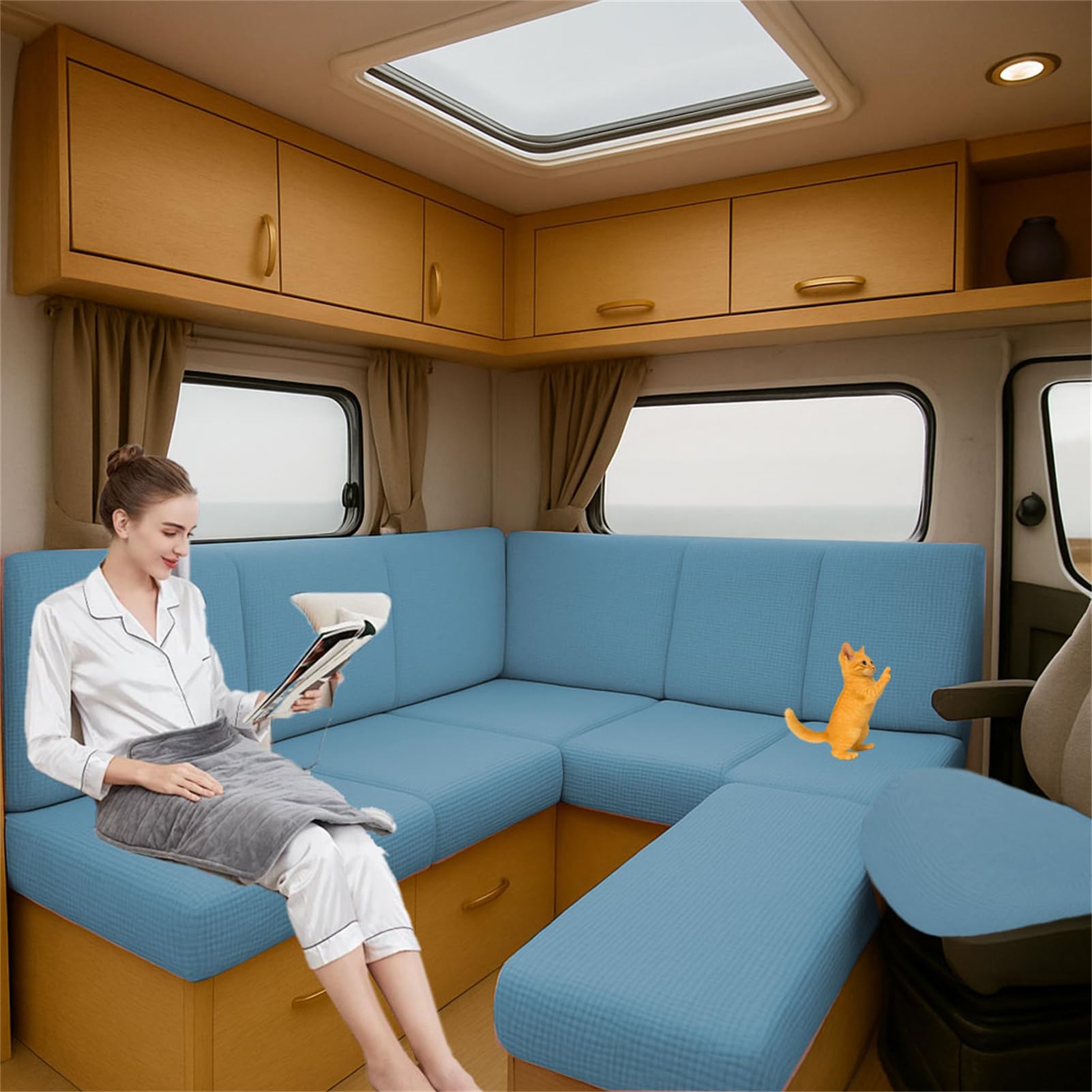 ZGDDPZA Caravan Seat Cushion Covers for Motorhome & Camper Stretch Fit Sofa Slipcovers with Elastic Straps Non-Slip RV Bench & Backrest Covers, Indoor Outdoor Use (Lake blue,L145-190cm W95-120cm)