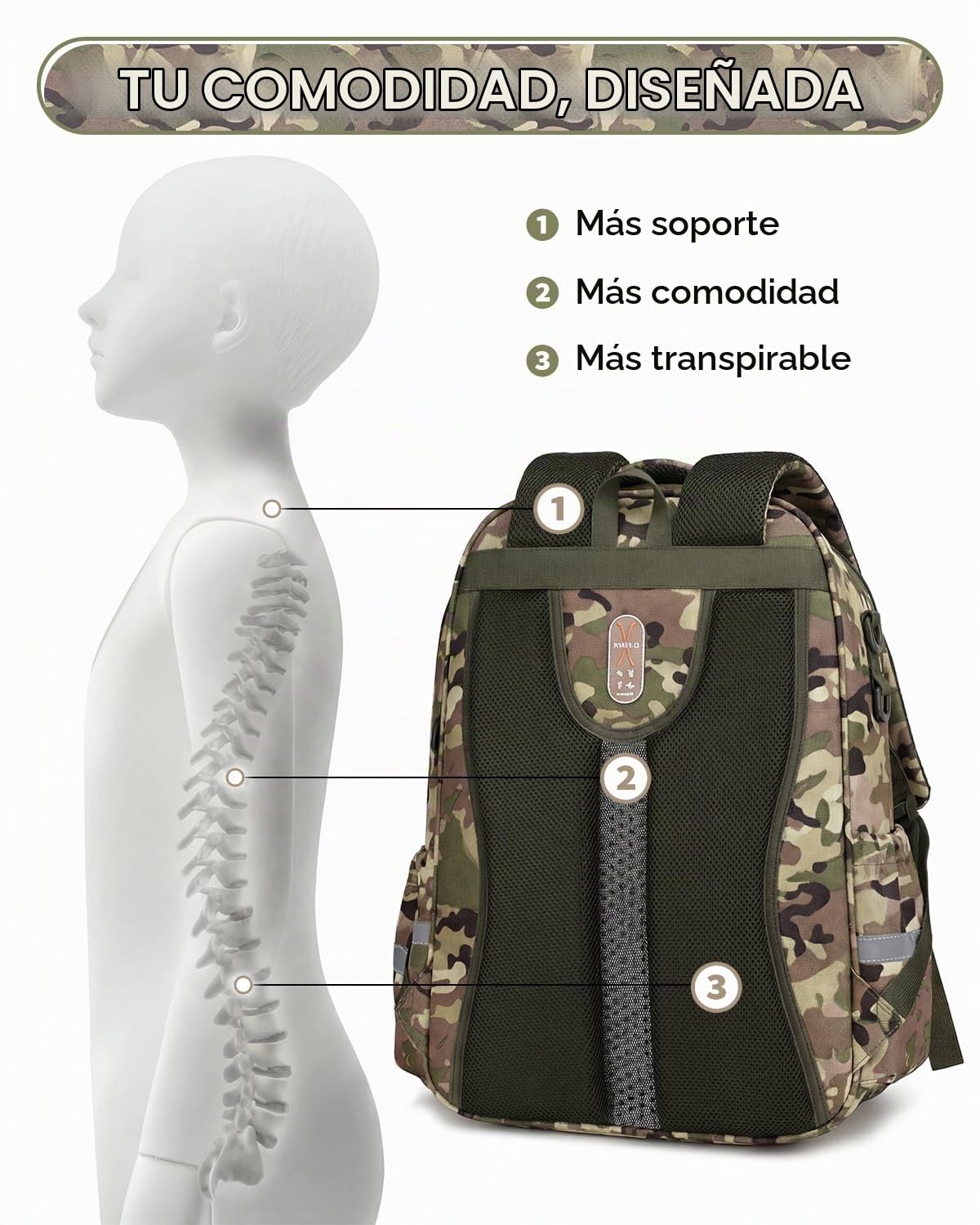 Amythe Mochila Escolar Grande para Niño 8-12 Años Ligera, Camuflaje Verde