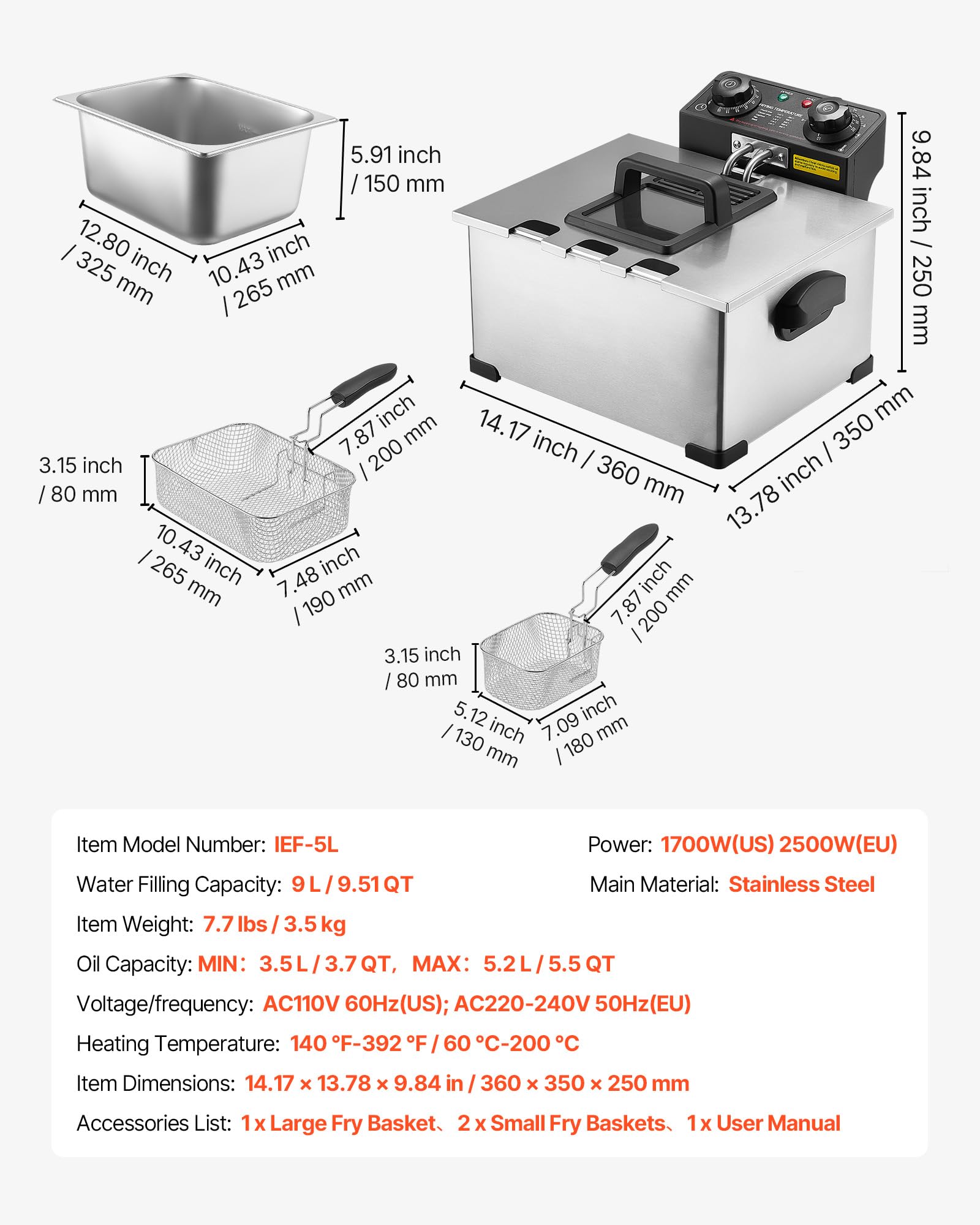 VEVOR Freidora Eléctrica Comercial Capacidad de Aceite de 5,2 L 2500 W, De Acero Inoxidable, Con 1 Cesta Grande y 2 Cestas Pequeñas, Protección contra Sobrecalentamiento, Control de Temperatura