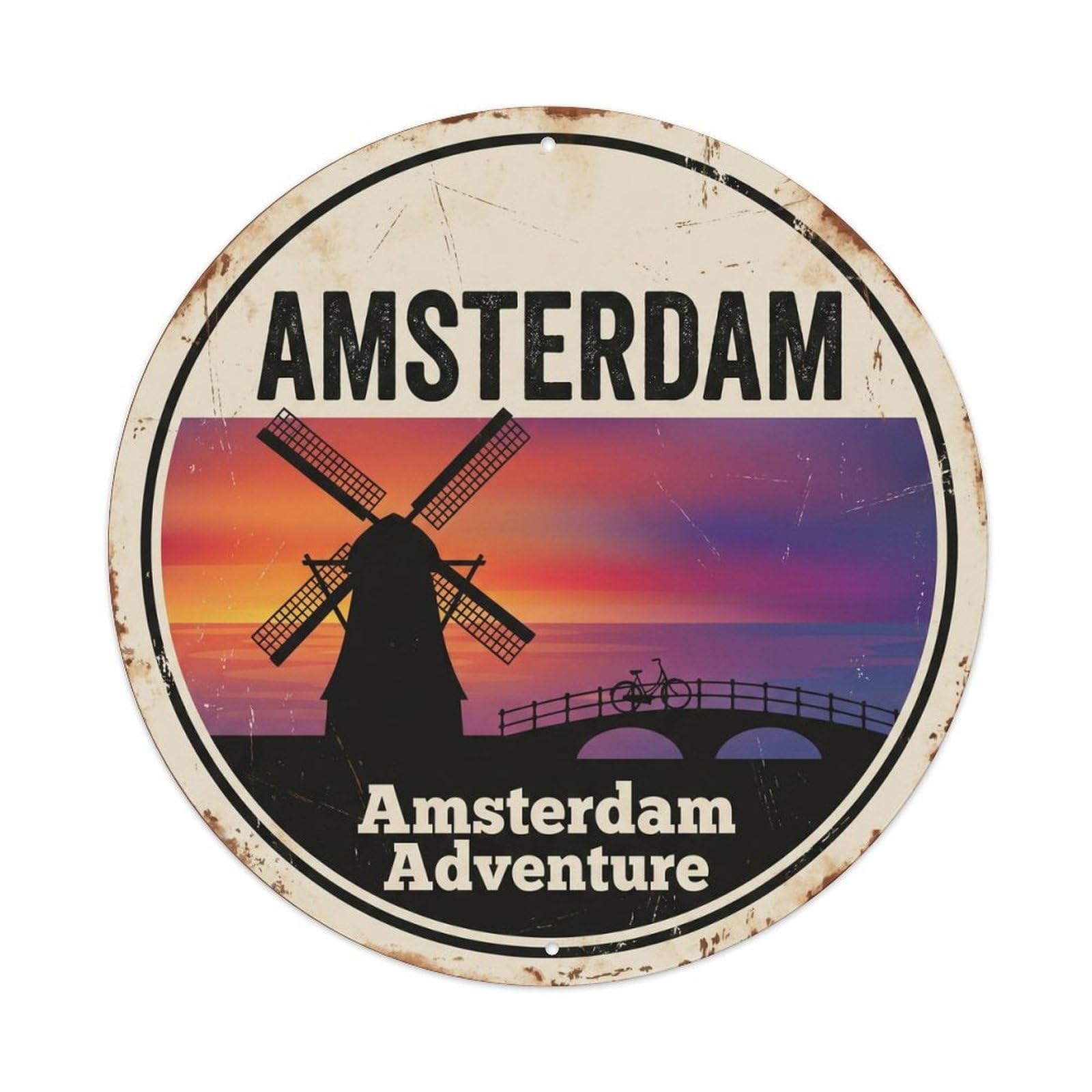Vintage Travel Netherlands Windmill Silhouette Metal Tin Sign Plaque