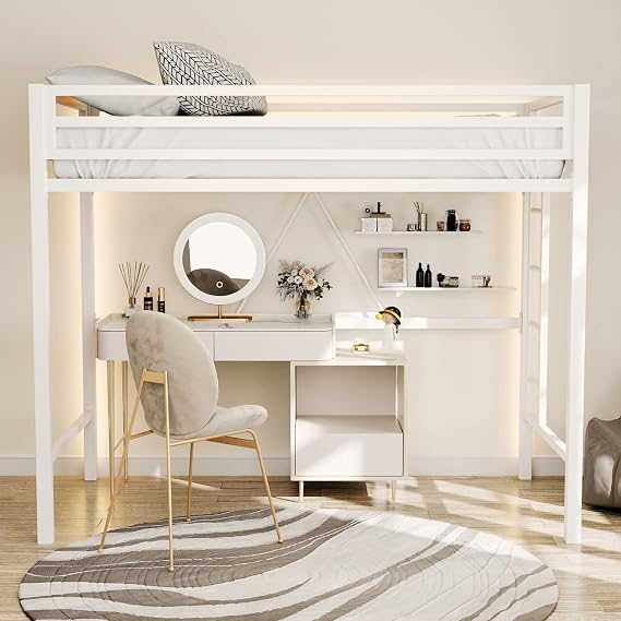 Ikalido Metal Loft Bed Twin Size, Multifunctional Twin Bed with Safety Guard & Removable Ladder, Space-Saving/Noise Free/No Box Spring Needed/Matte White