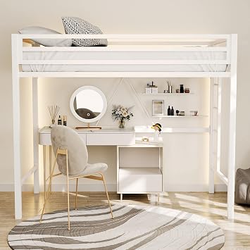 Ikalido Metal Loft Bed Twin Size, Multifunctional Twin Bed with Safety Guard & Removable Ladder, Space-Saving/Noise Free/No Box Spring Needed/Matte White