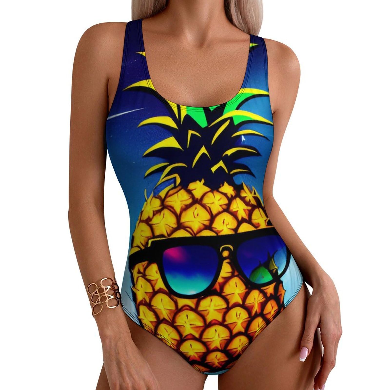 Athletic One Piece Swimsuits Compatible with Pineapple with Sunglasses in Space Spaceship for Women Teen Girls Tummy Control Bathing Suits Swimwear