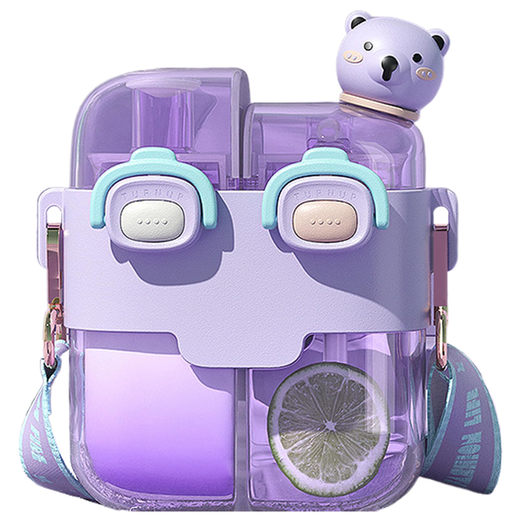 Pesoncarl Kawaii Water Bottle Dual Chamber Water Bottle with Straw & Strap & Lock 530ml Portable Leakproof for School Sport Travel, Purple