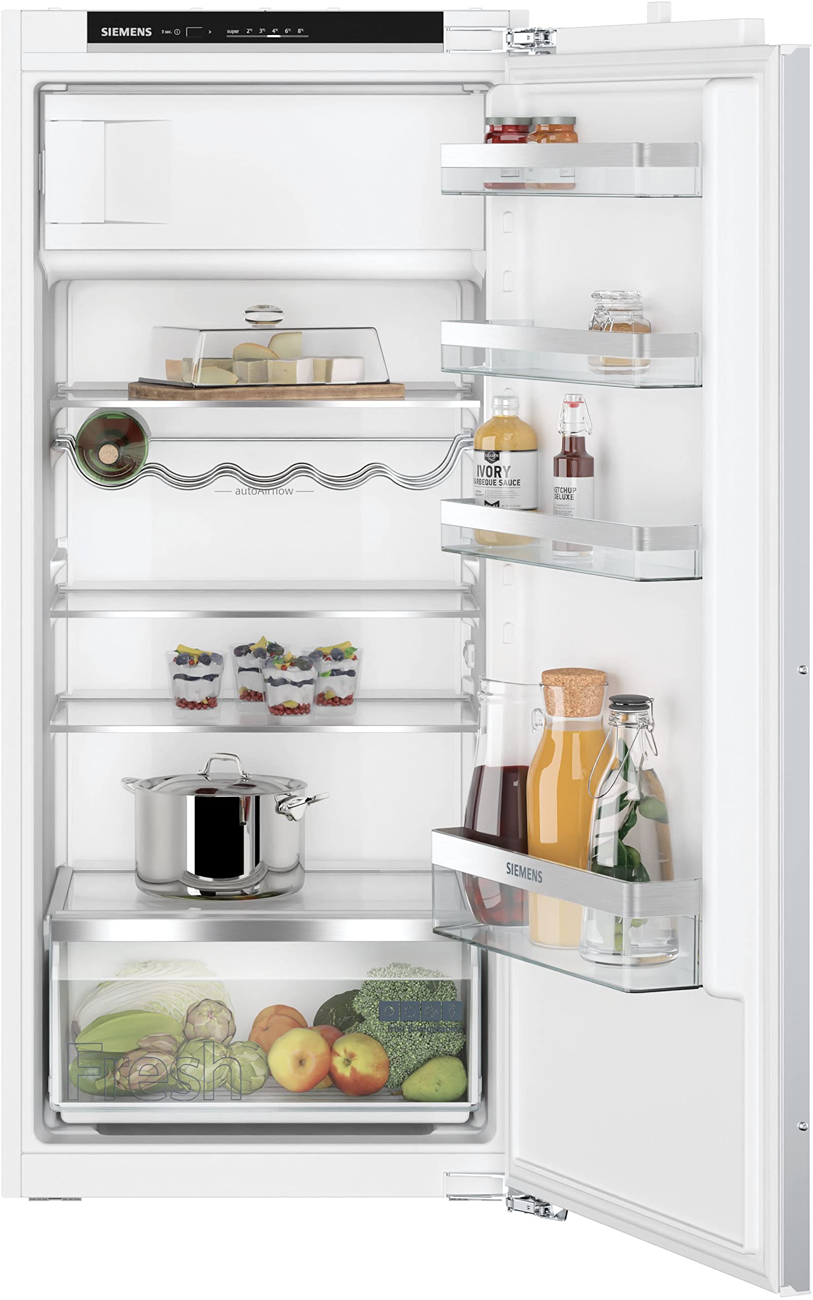 Siemens KI42LVFE0 iQ300 lodówka do zabudowy z zamrażarką, wnęka 122,5 x 56 cm, płaski zawias, 187 l, supercooling – szybsze chłodzenie, oświetlenie LED, równomierne oświetlenie